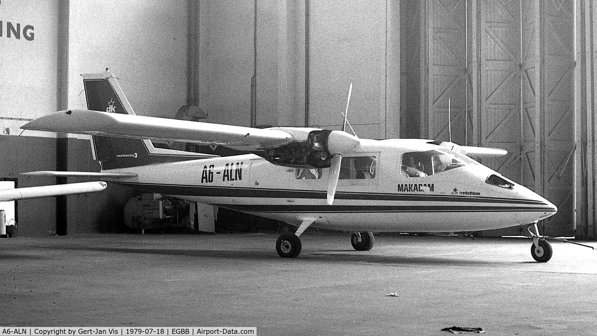 A6-ALN, 1975 Partenavia P-68B C/N 32, Parked in hangar at BHX