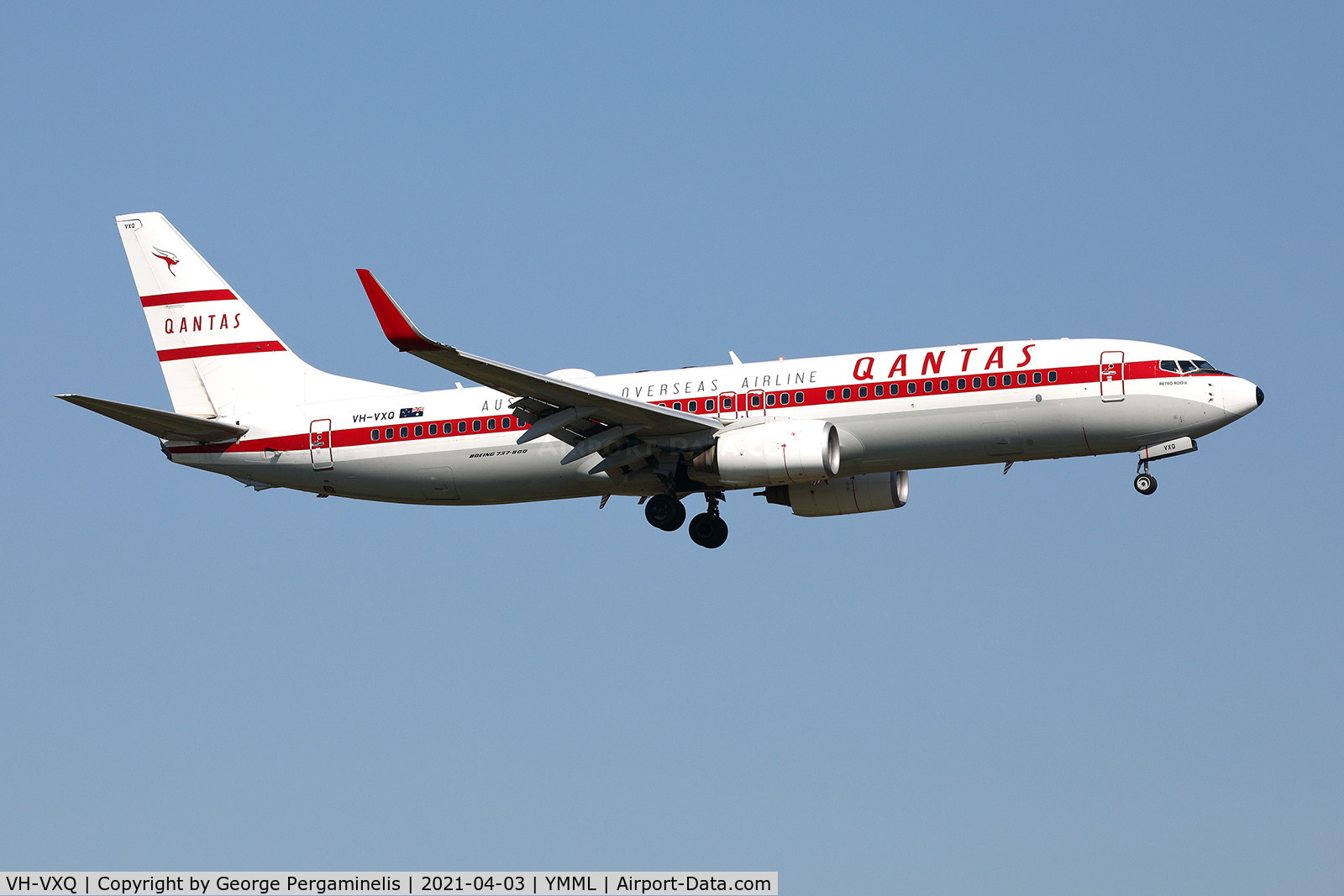VH-VXQ, 2003 Boeing 737-838 C/N 33723, Retro Roo II on short final for runway 34.
