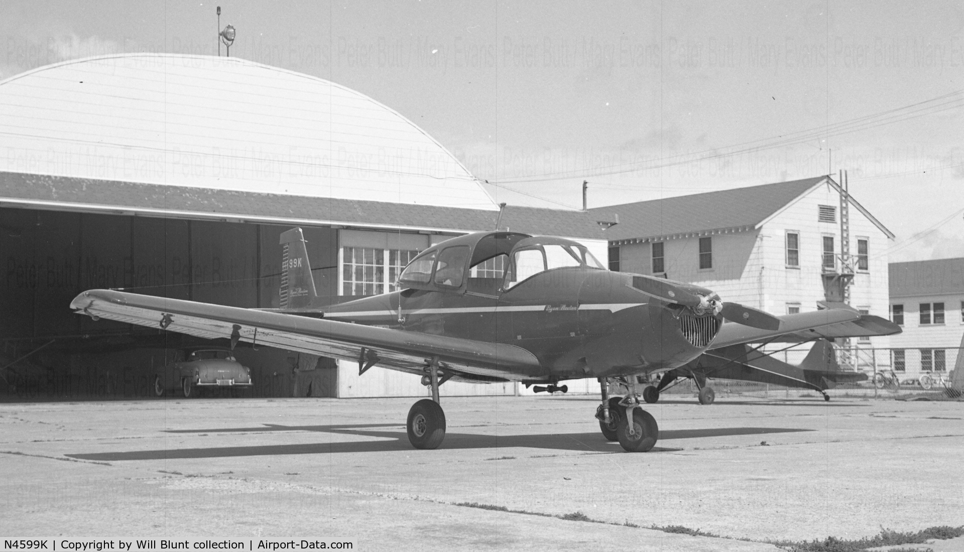 N4599K, 1948 Ryan Navion C/N NAV-4-1599, N4599K outside a hangar, sometime in the 1950s