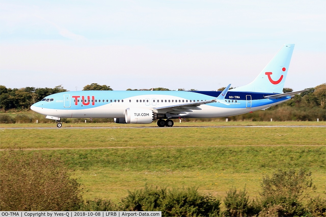 OO-TMA, 2018 Boeing 737-8 MAX C/N 44590, Boeing 737-8 MAX, Take off run rwy 25L, Brest-Bretagne airport (LFRB-BES)