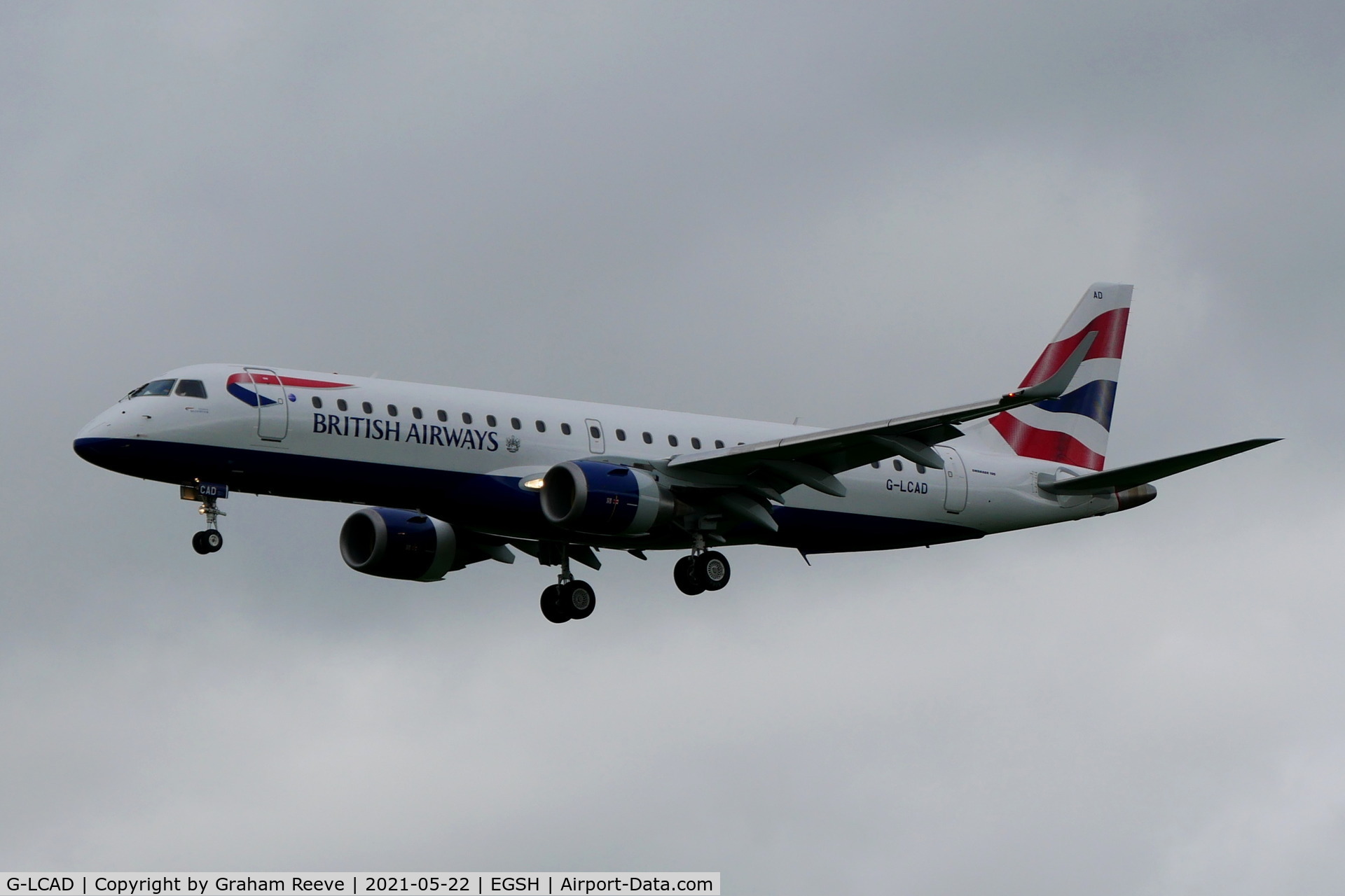 G-LCAD, 2012 Embraer ERJ 190-100LR C/N 19000535, Landing at Norwich.