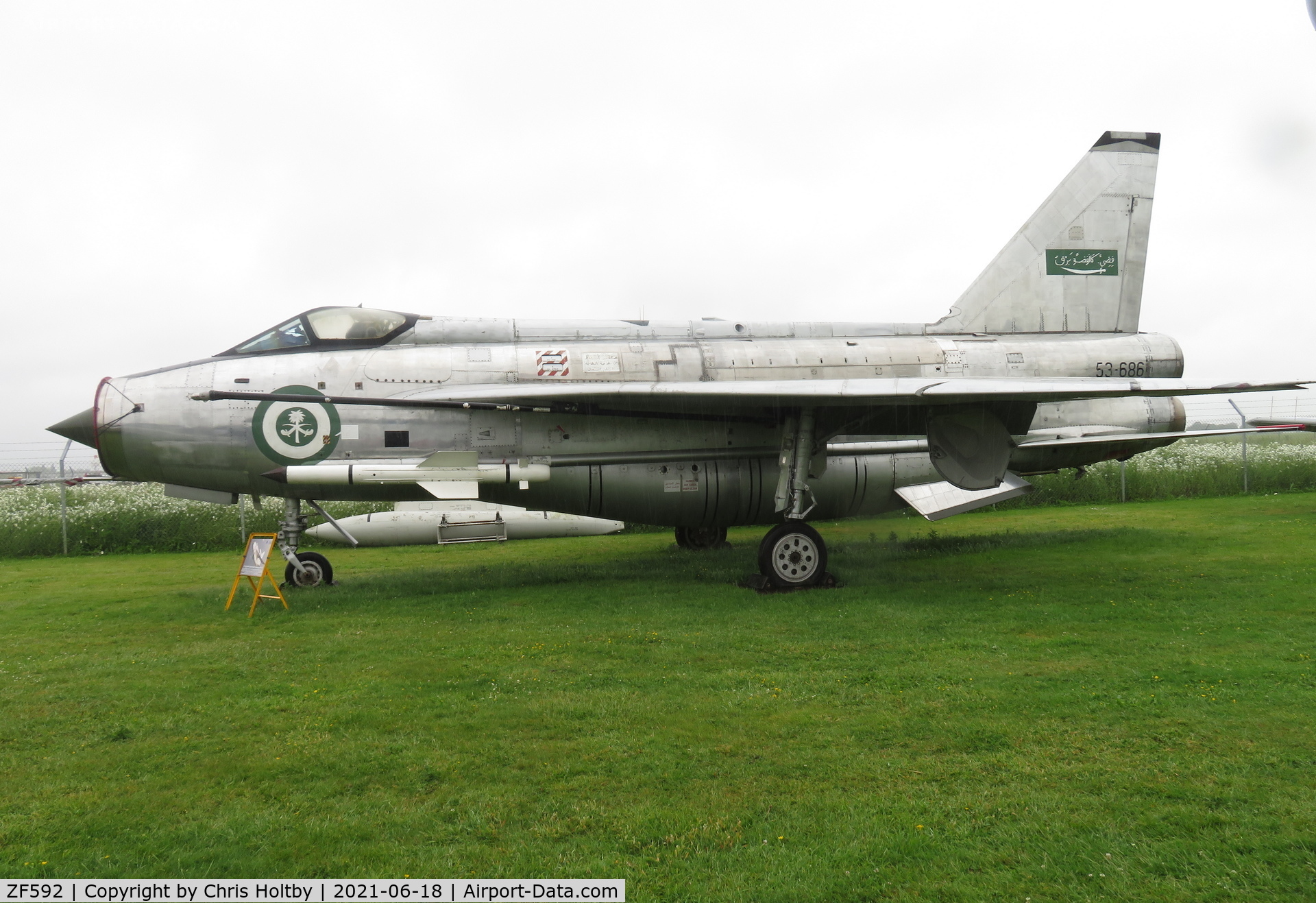 ZF592, 1968 English Electric Lightning F.53 C/N 95291, On static display at City of Norwich Aviation Museum in its Royal Saudi Air Force livery.