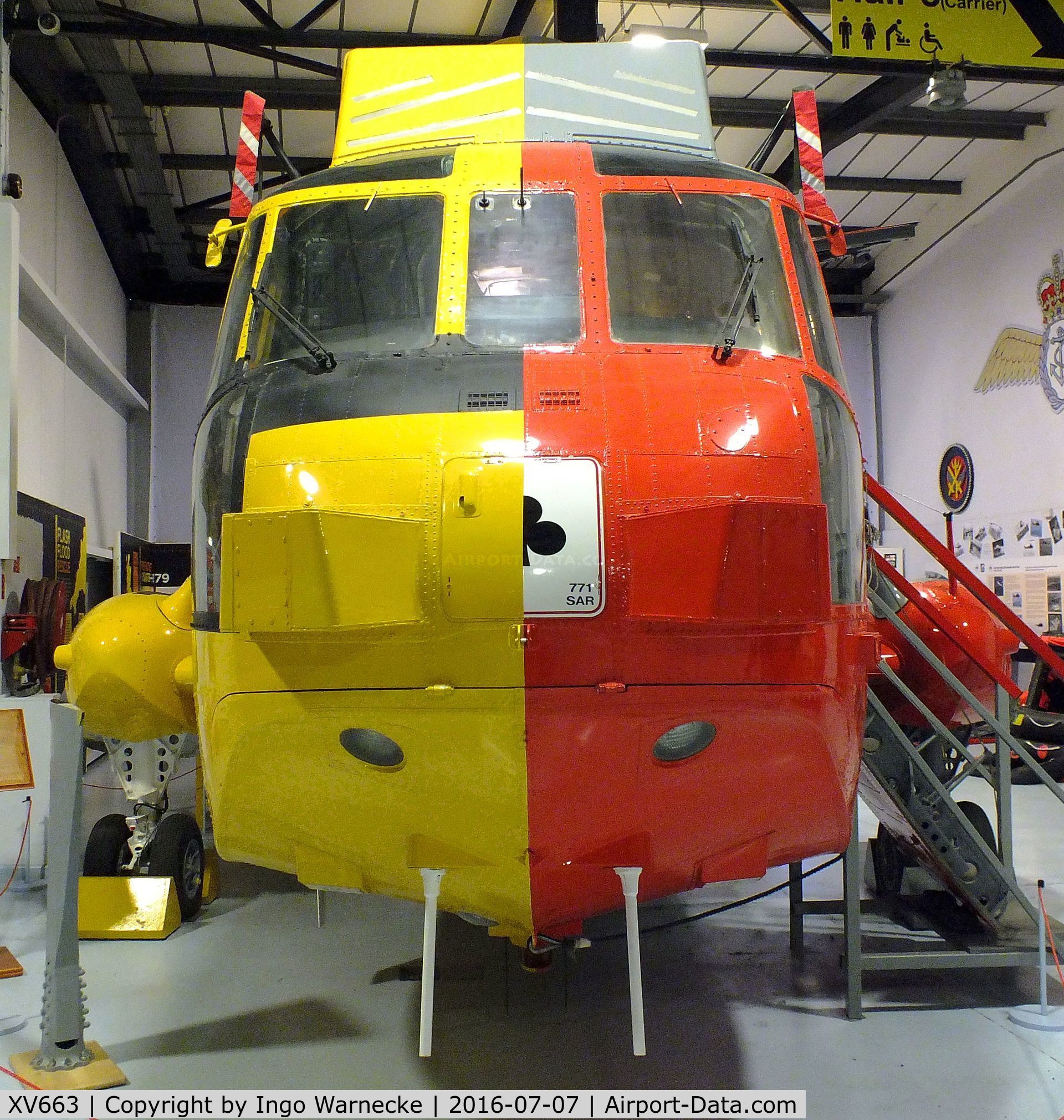XV663, 1970 Westland Sea King HAS.6 C/N WA651, Westland Sea King HAS6 (special split SAR-colours, port side Royal Navy, starboard side RAF, for exhibition purposes) at the FAA Museum, Yeovilton