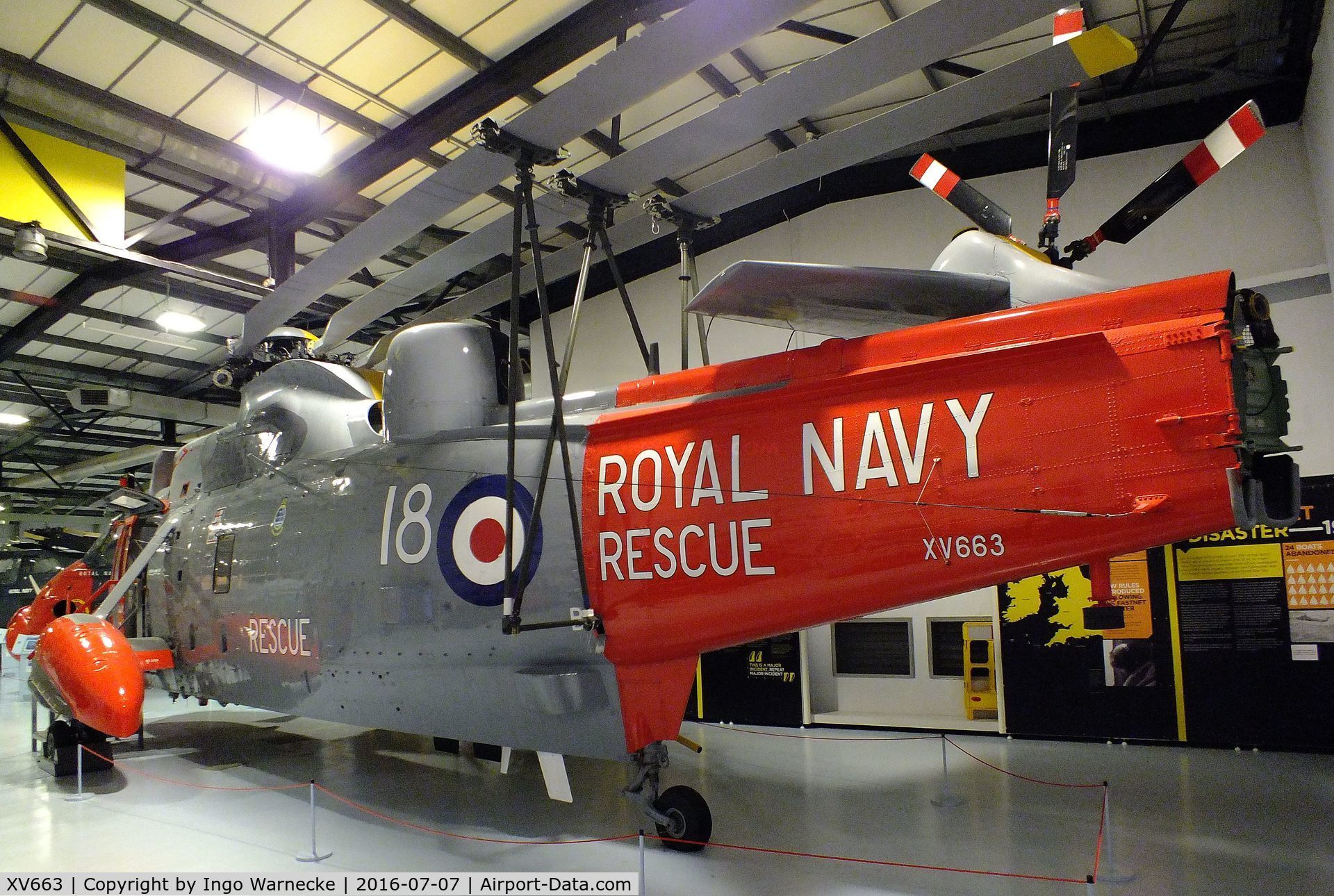 XV663, 1970 Westland Sea King HAS.6 C/N WA651, Westland Sea King HAS6 (special split SAR-colours, port side Royal Navy, starboard side RAF, for exhibition purposes) at the FAA Museum, Yeovilton