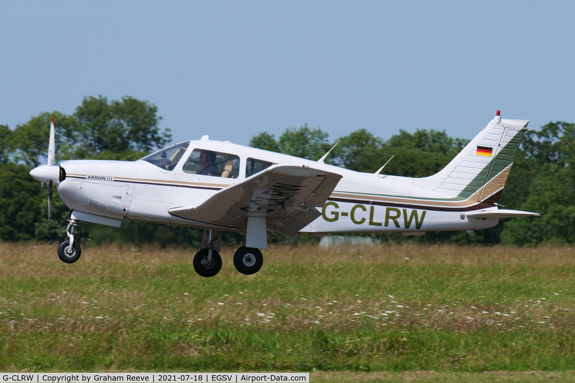G-CLRW, 1978 Piper PA-28R-201 Cherokee Arrow III C/N 28R-7837199, Departing from Old Buckenham.