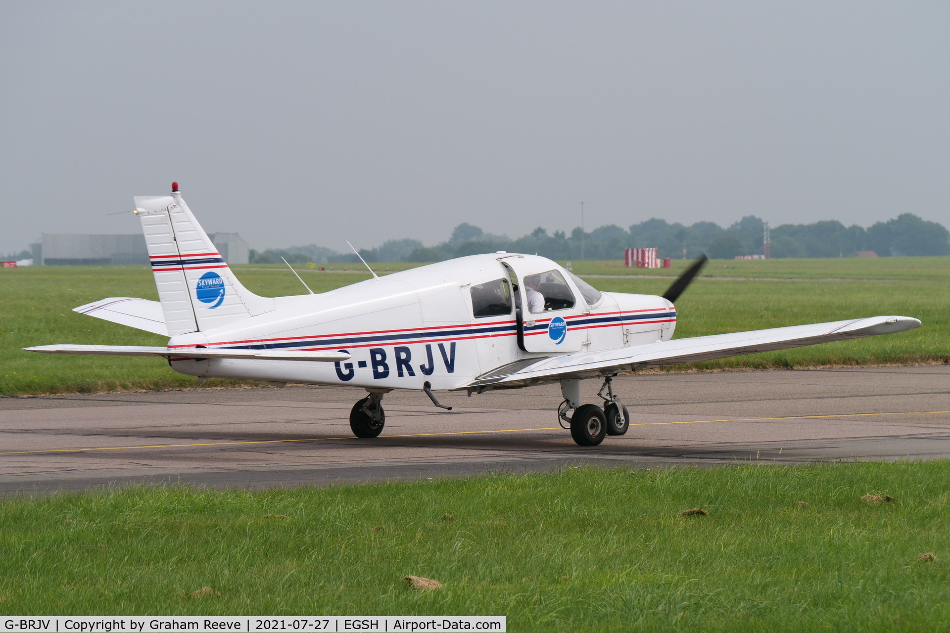 G-BRJV, 1988 Piper PA-28-161 Cadet C/N 28-41167, Departing from Norwich.