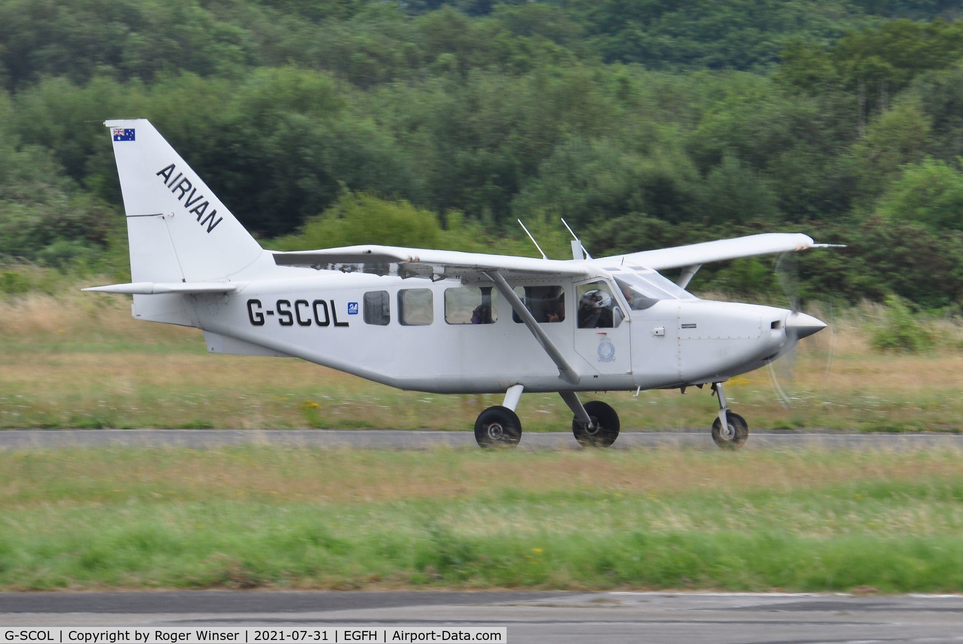 G-SCOL, 2006 Gippsland GA-8 Airvan C/N GA8-05-088, Visiting Airvan departing Runway 28 with a lift of skydivers..
