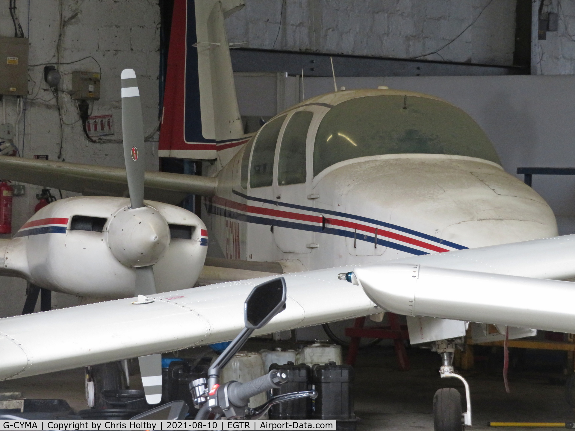 G-CYMA, 1979 Gulfstream American GA-7 Cougar C/N GA7-0083, In the maintenance hangar at Elstree and in need of some TLC