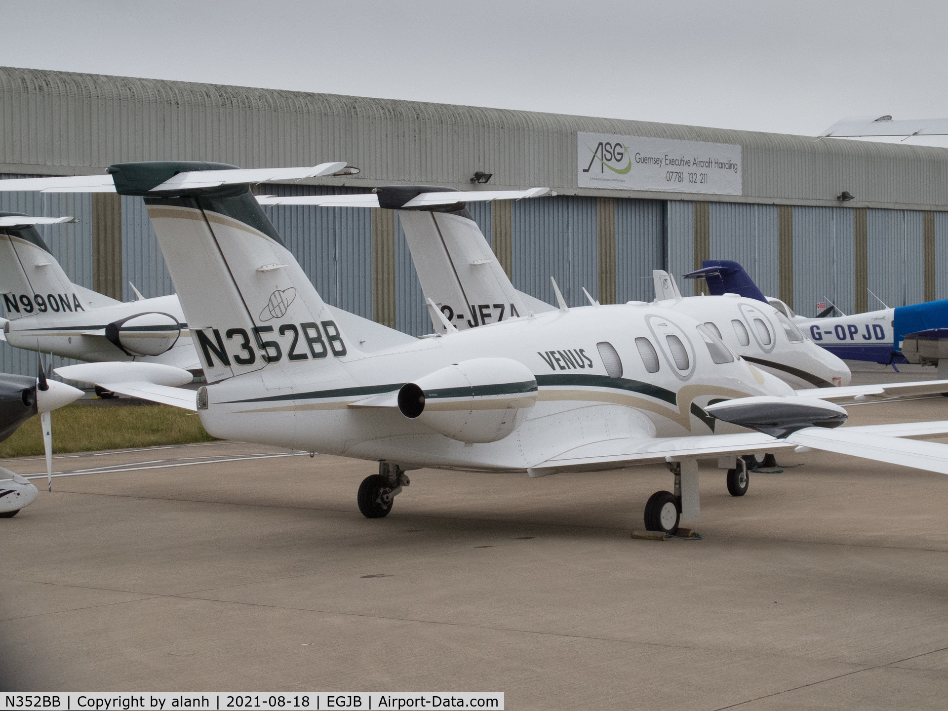 N352BB, 2008 Eclipse Aviation Corp EA500 C/N 000123, Parked with other Eclipses at ASG, Guernsey