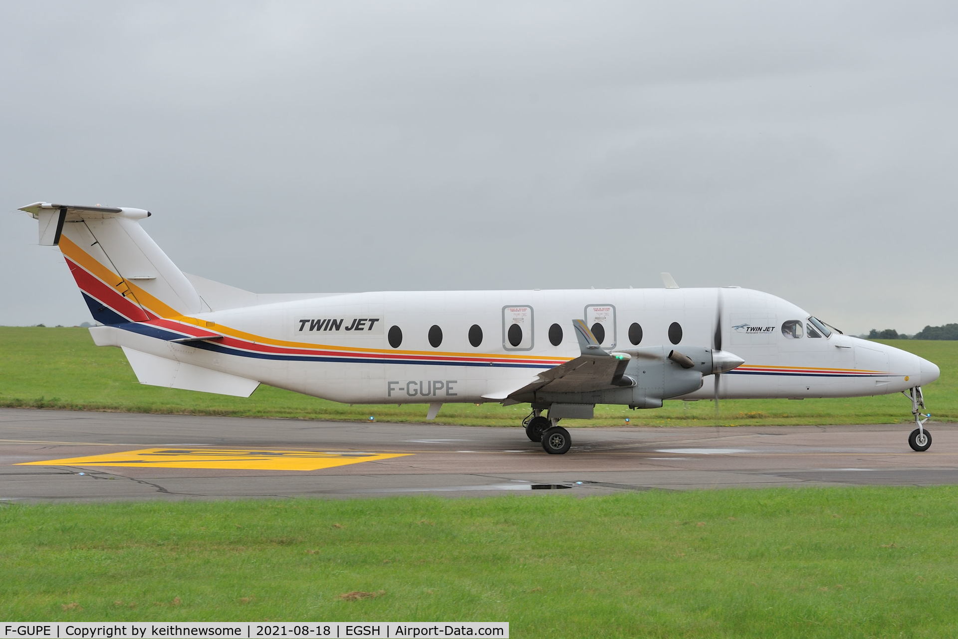 F-GUPE, 1996 Beech 1900D C/N UE-248, Leaving Norwich for Esbjerg.