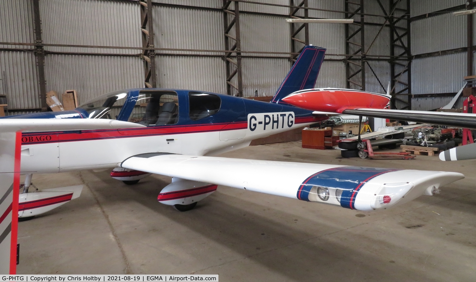 G-PHTG, 1990 Socata TB-10 Tobago C/N 1008, In the hangar at Fowlmere Airfield, Cambs.