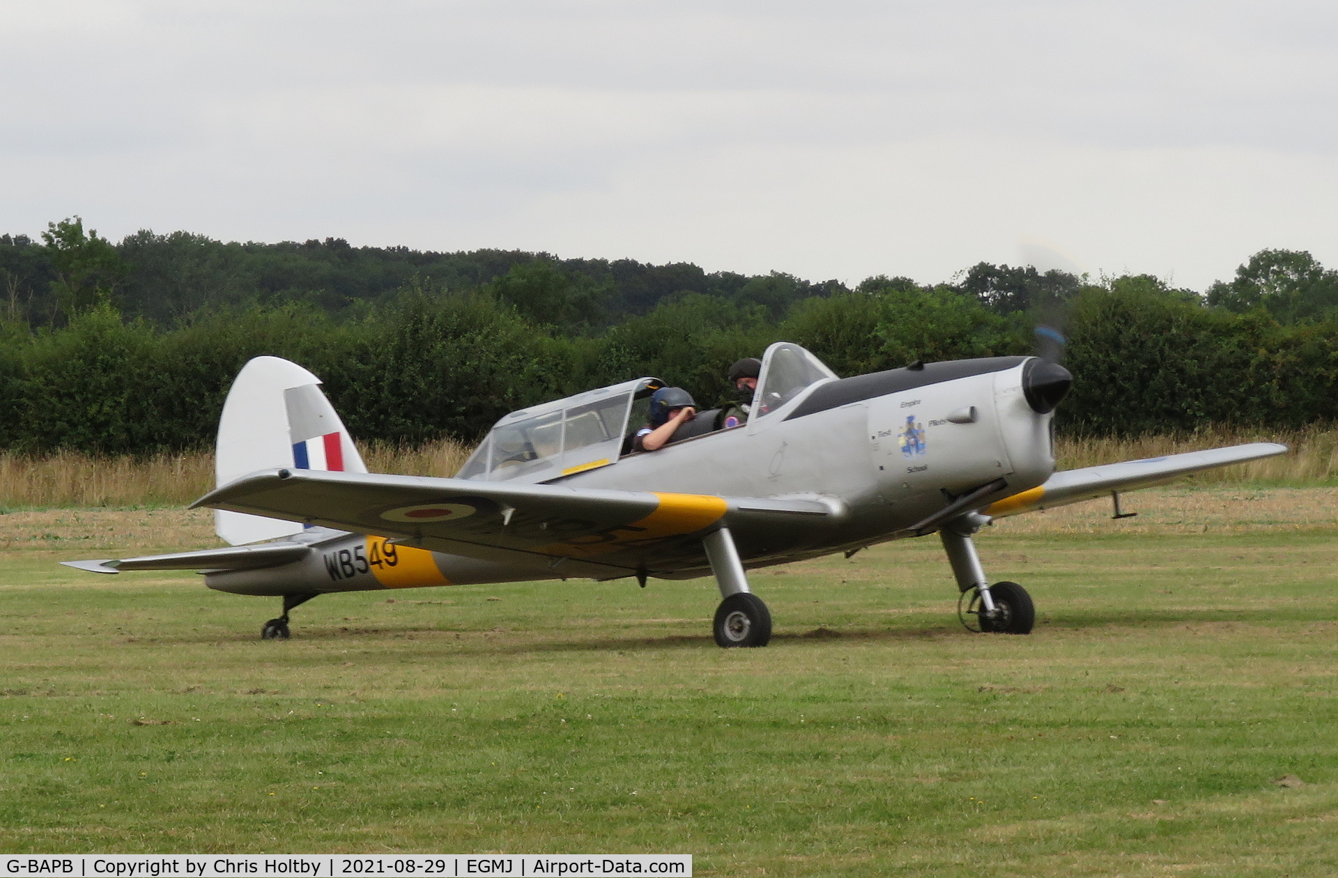 G-BAPB, 1949 De Havilland DHC-1 Chipmunk 22A C/N C1/0001, Arriving at the Little Gransden Airshow 2021 to lead the Red Sparrows display team