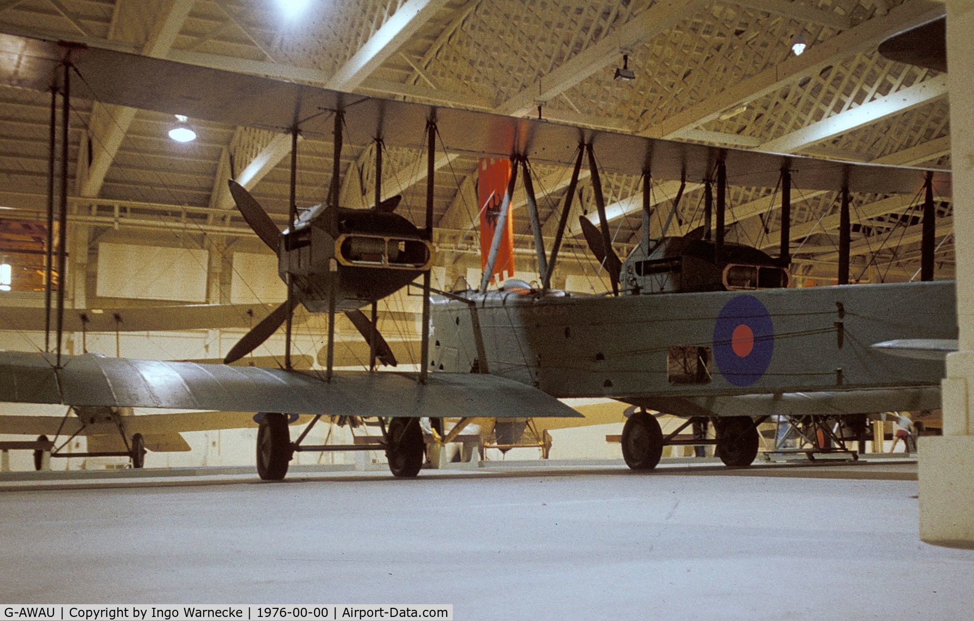 G-AWAU, Vickers FB-27A Vimy (replica) C/N VAFA02, Vickers Vimy replica at the Royal Air Force Museum, Hendon during the 'Wings of the Eagle' exhibition 1976