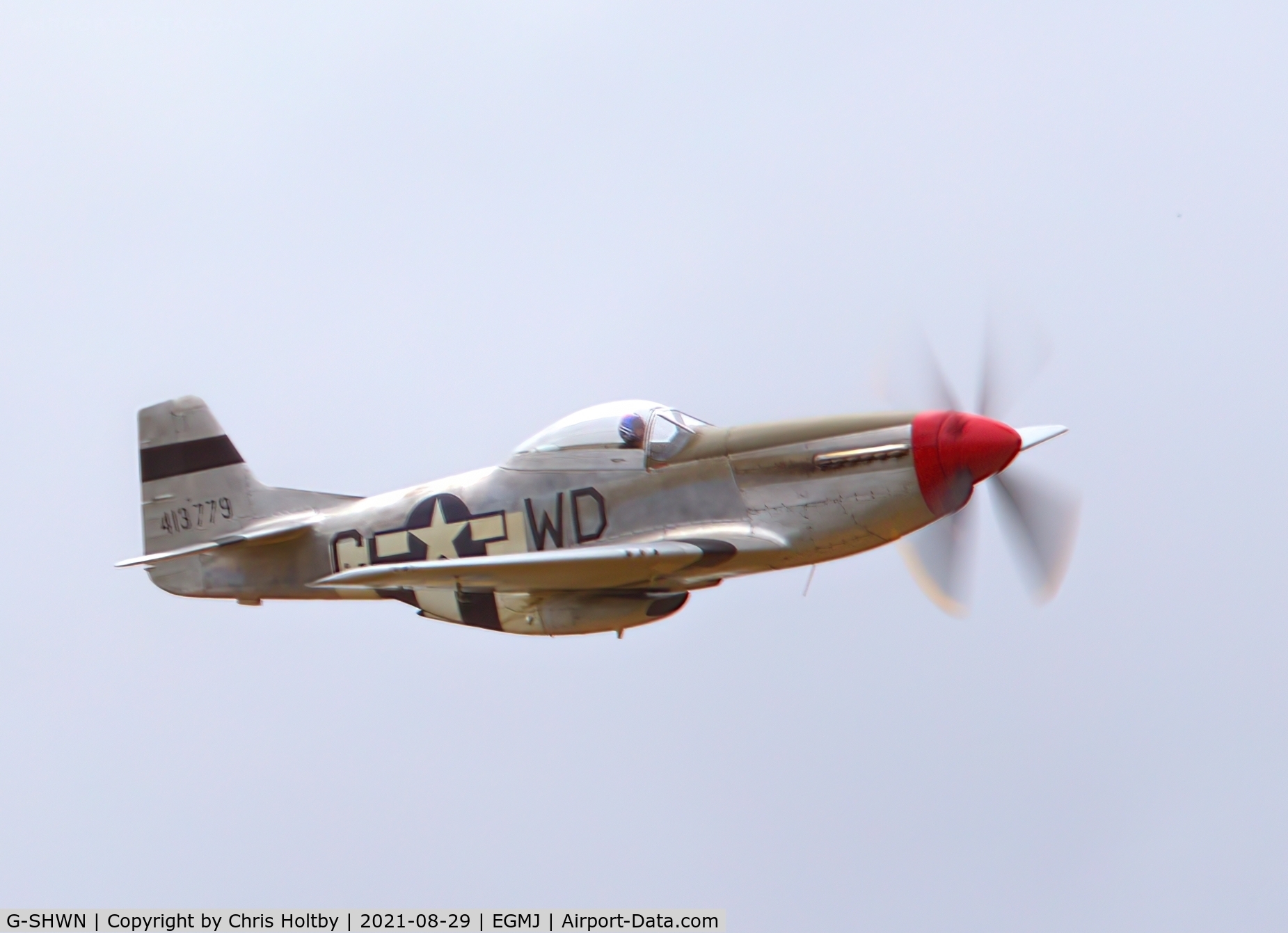 G-SHWN, 1944 North American P-51D Mustang C/N 122-40417, In her new livery having changed from RAF Sharkmouth 4473877 scheme. It displayed with Spitfire G-RRGN at the Little Gransden Airshow 2021