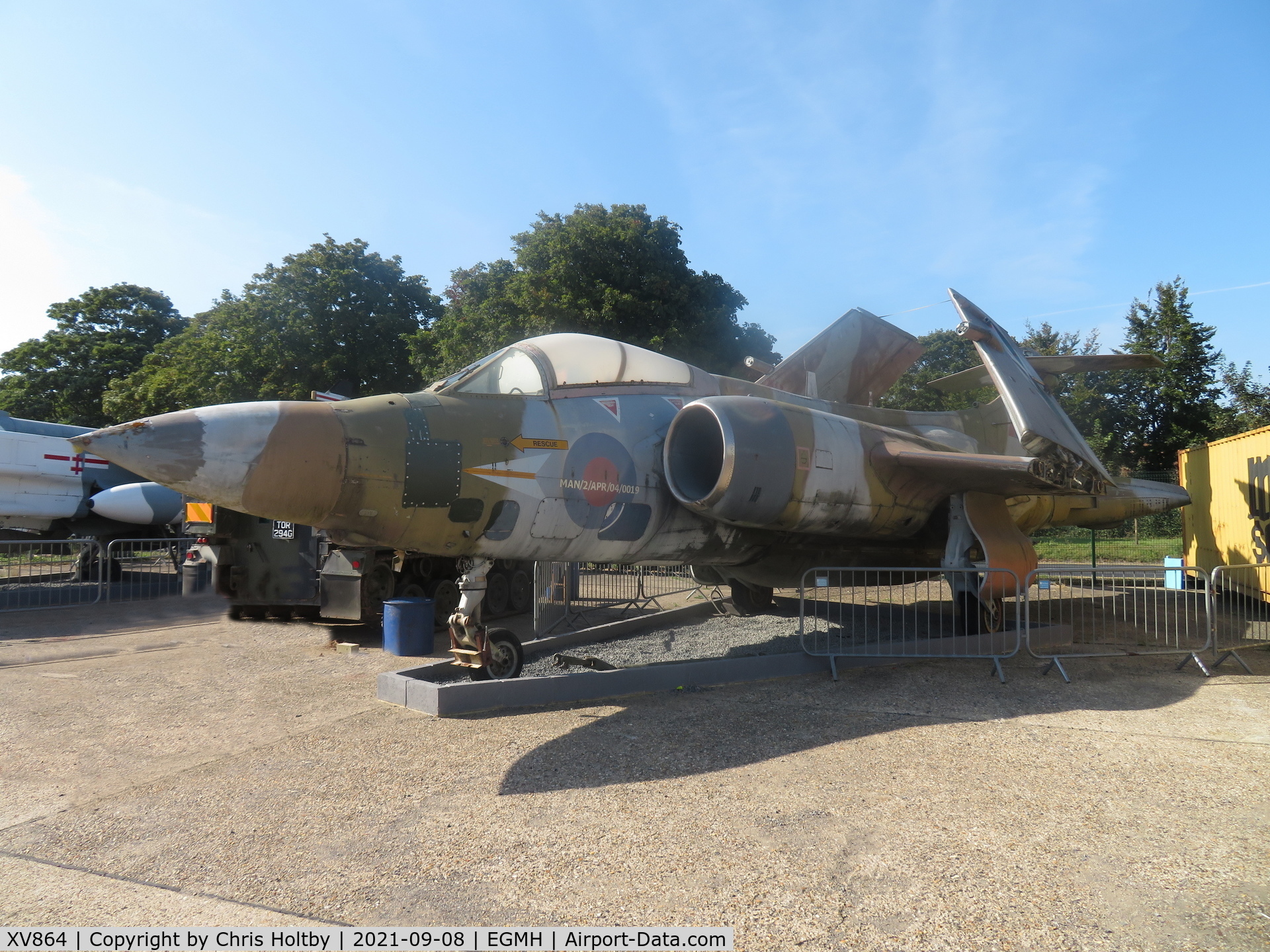 XV864, 1968 Hawker Siddeley Buccaneer S.2B C/N B3-13-67, On static display outside the Museum at RAF Manston. Provided with a hard top to stand on after if sunk into its original grass base.