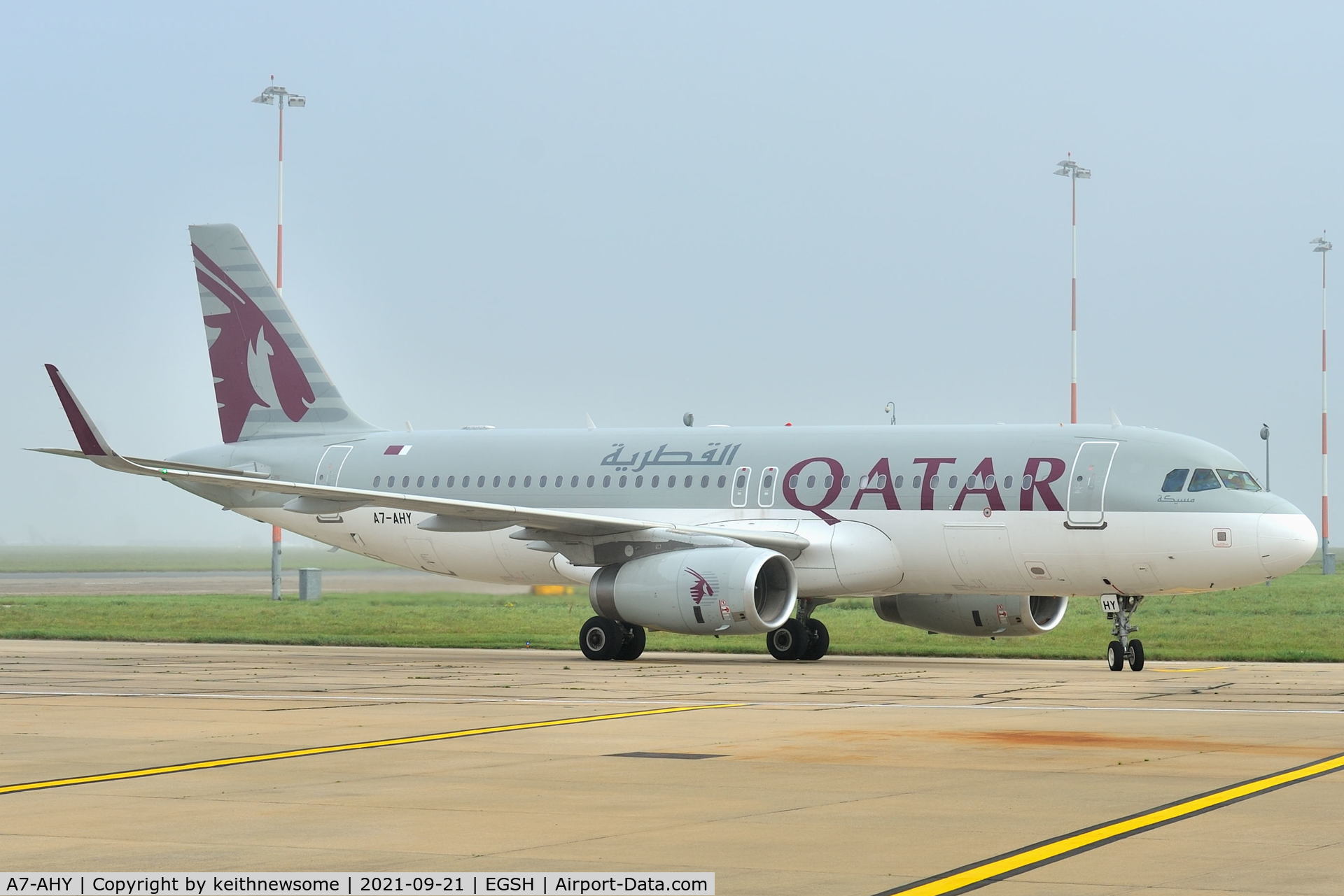 A7-AHY, 2012 Airbus A320-232 C/N 5395, Arriving at Norwich from Doha, Qatar.