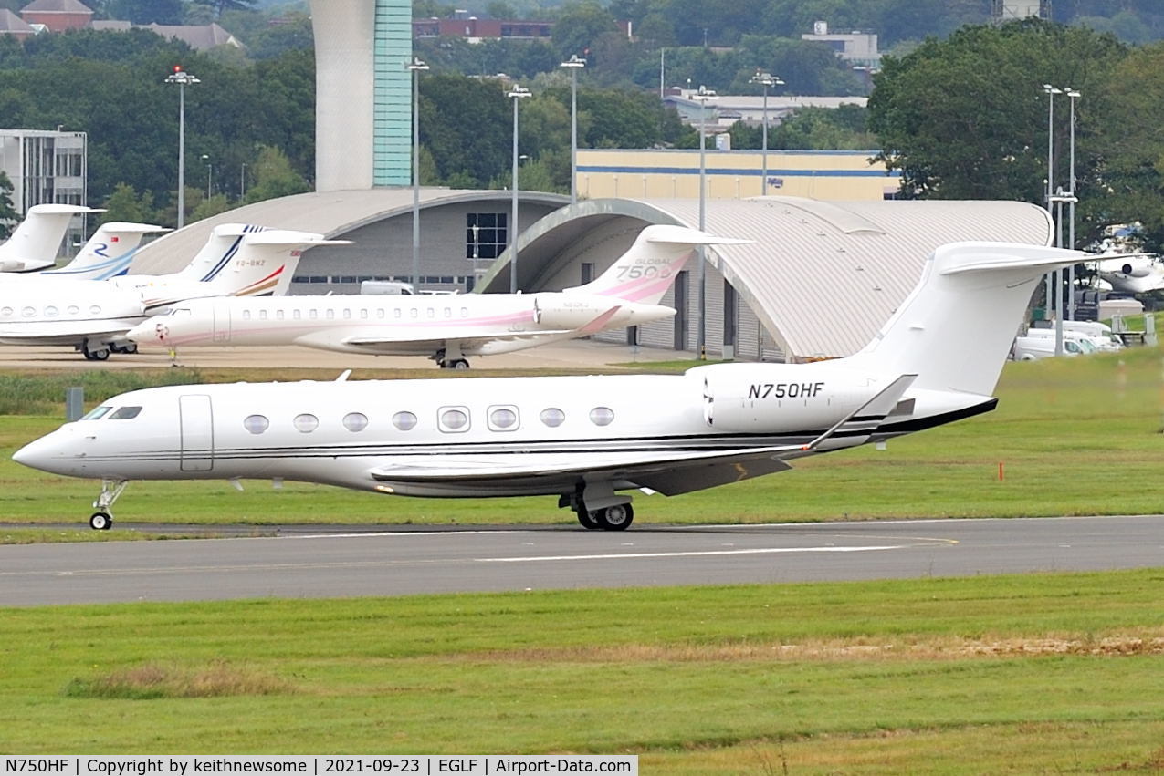 N750HF, 2019 Gulfstream Aerospace GVI (G650ER) C/N 6399, Arriving at Farnborough.