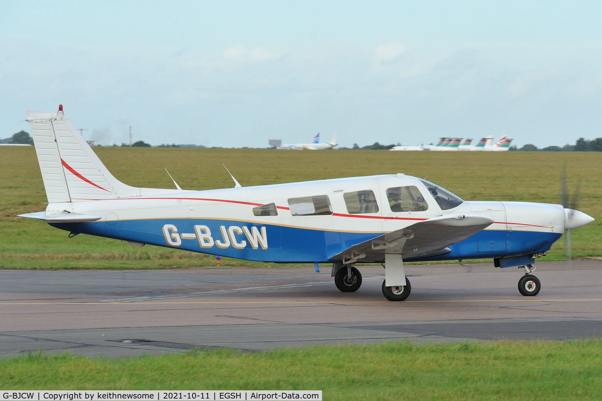G-BJCW, 1981 Piper PA-32R-301 Saratoga SP C/N 32R-8113094, Leaving Norwich.