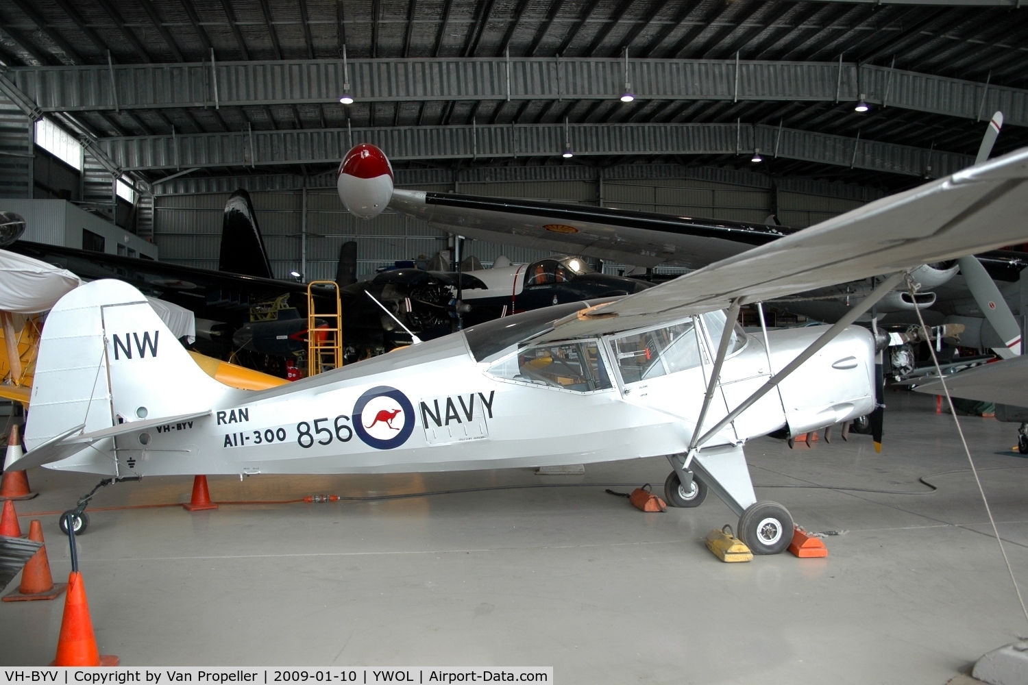VH-BYV, Auster J/5G Cirrus Autocar C/N 3163, Auster J/5G Cirrus Autocar in the HARS hangar at Albion Park /Wollongong airport, NSW, Australia, 2009. Painted in RAN A11-300 livery.