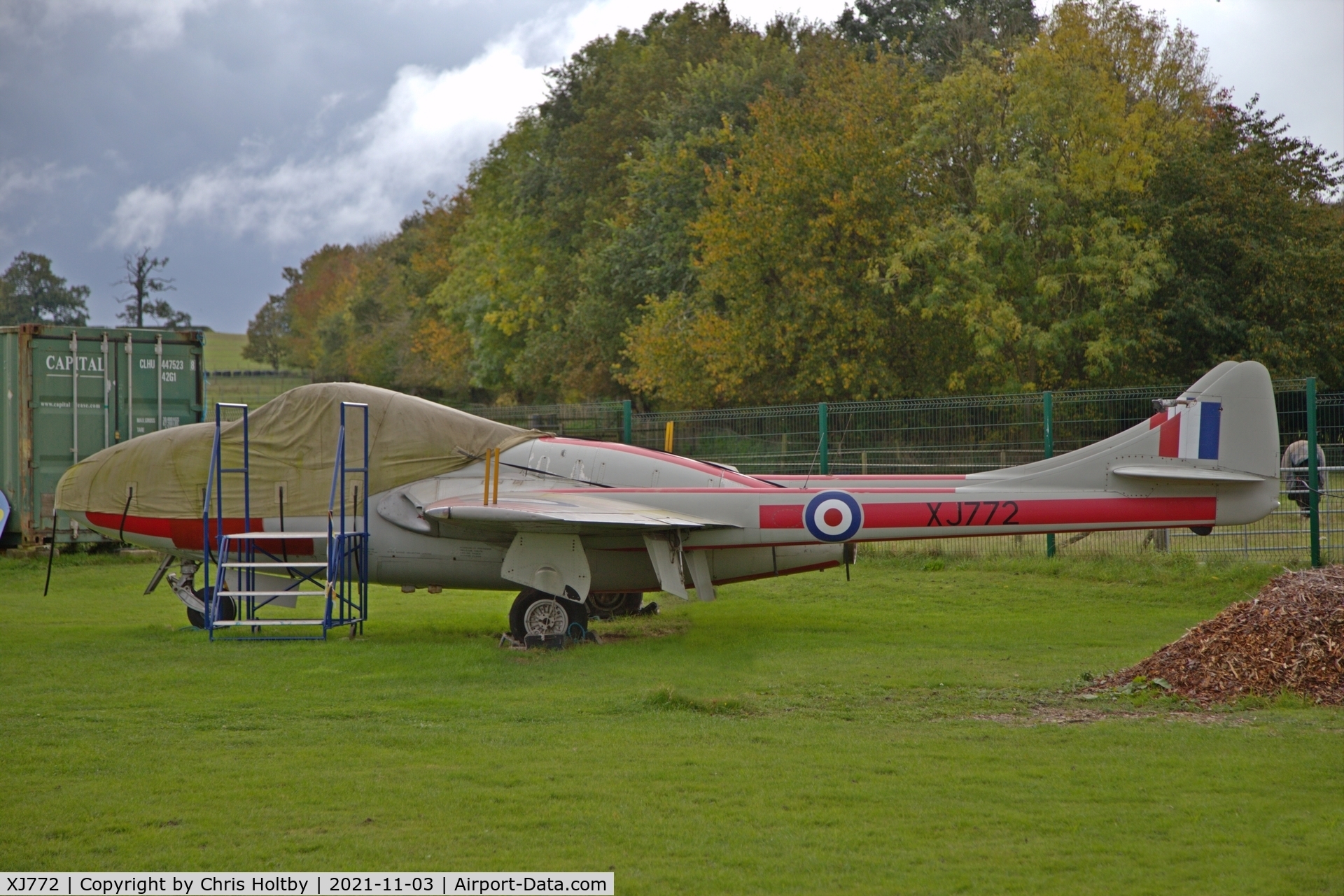 XJ772, De Havilland DH-115 Vampire T.11 C/N 15018, On static display outside at the DH Museum at London Colney, Herts.