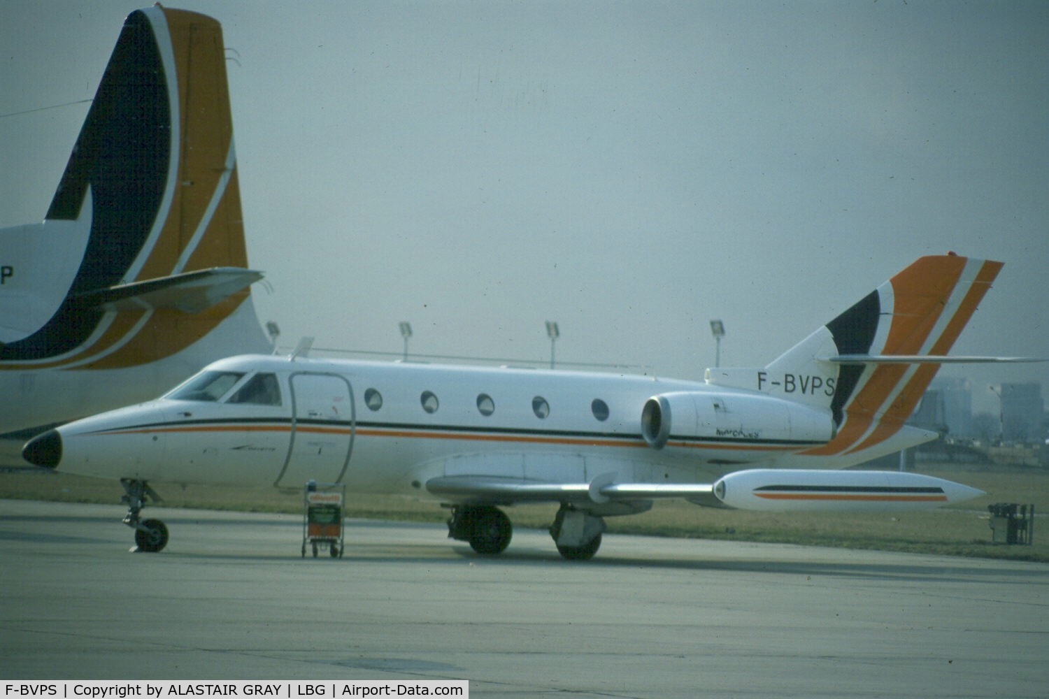 F-BVPS, Aerospatiale SN-601 Corvette C/N 14, Parked at le Bourget in front of a Uni Air F-27 in 1979