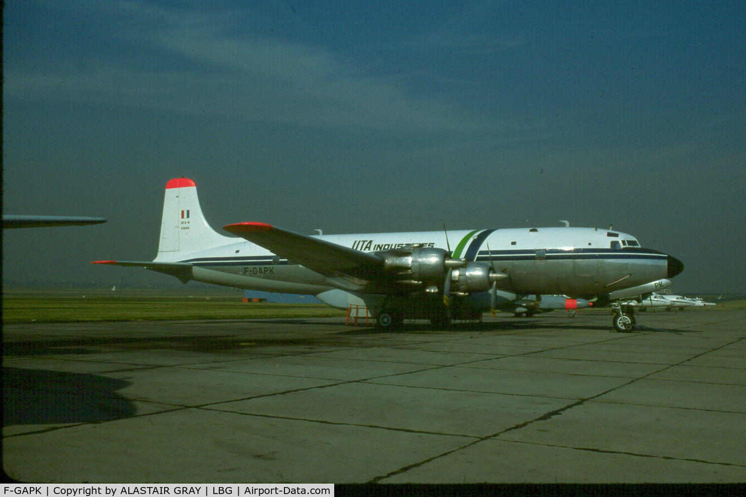 F-GAPK, 1953 Douglas DC-6B C/N 43834, Just completed its conversion from the French Air Force into a water bomber operated by UTA. 1977.