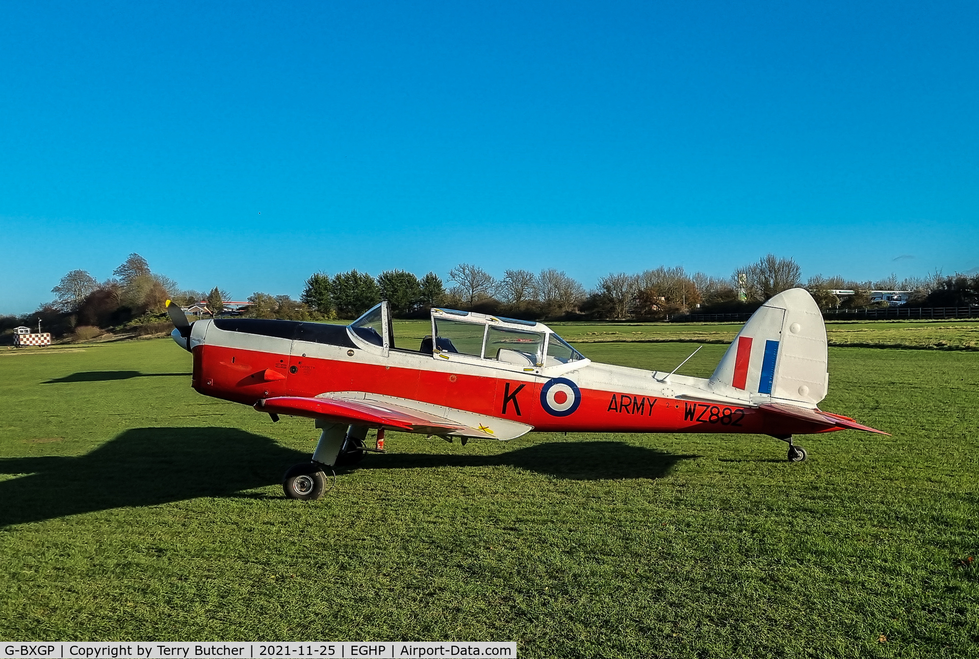 G-BXGP, 1953 De Havilland DHC-1 Chipmunk T.10 C/N C1/0927, Just prior to a local flight from Popham Airfield at 14.00 on 25 Nov 2021 with pilot Simon Tilling and passenger Terry Butcher