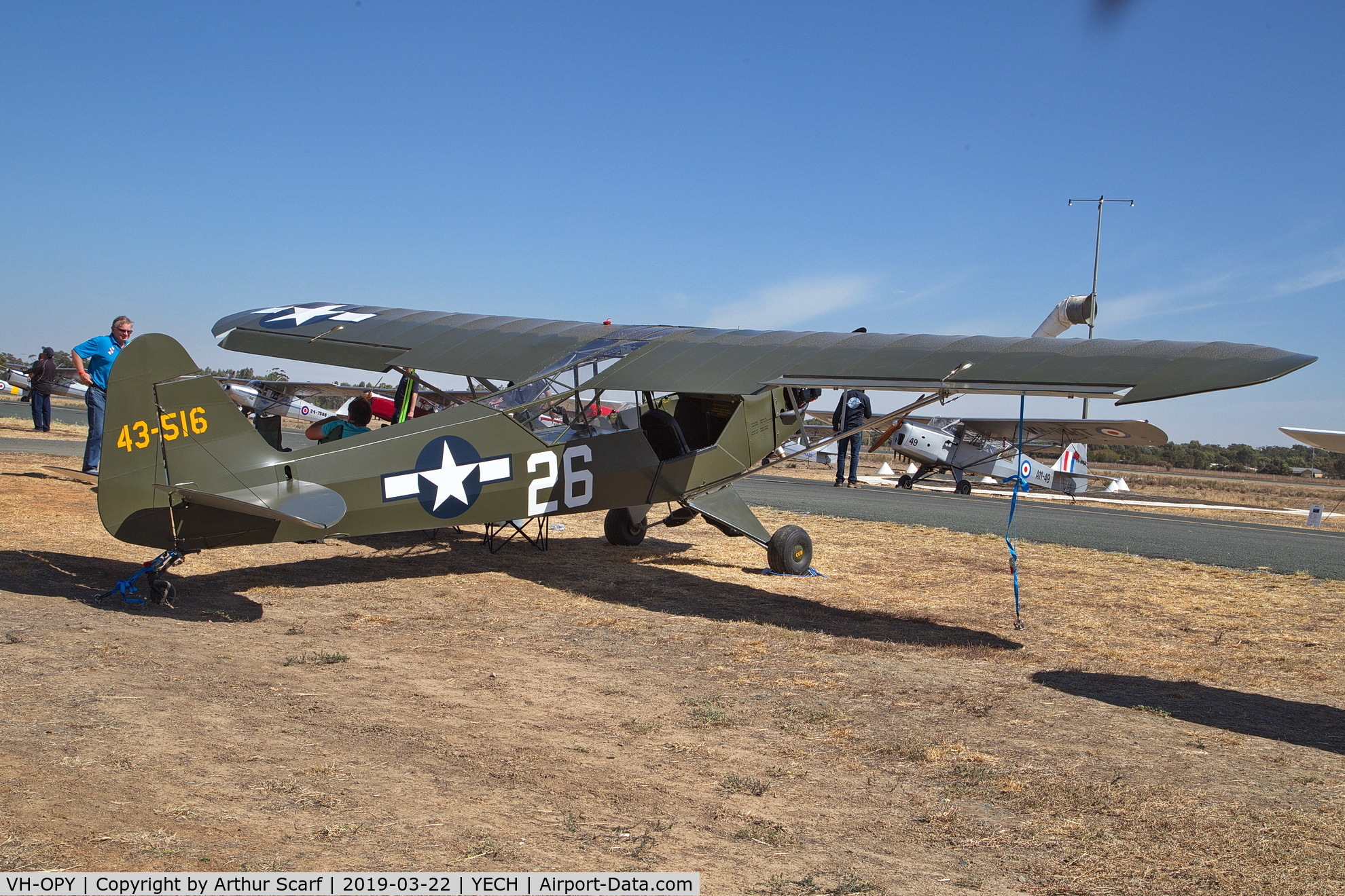 VH-OPY, 1942 Piper L-4B Grasshopper C/N 9377, Antique Aircraft Assn of Australia fly in at Echuca YECH March 2019