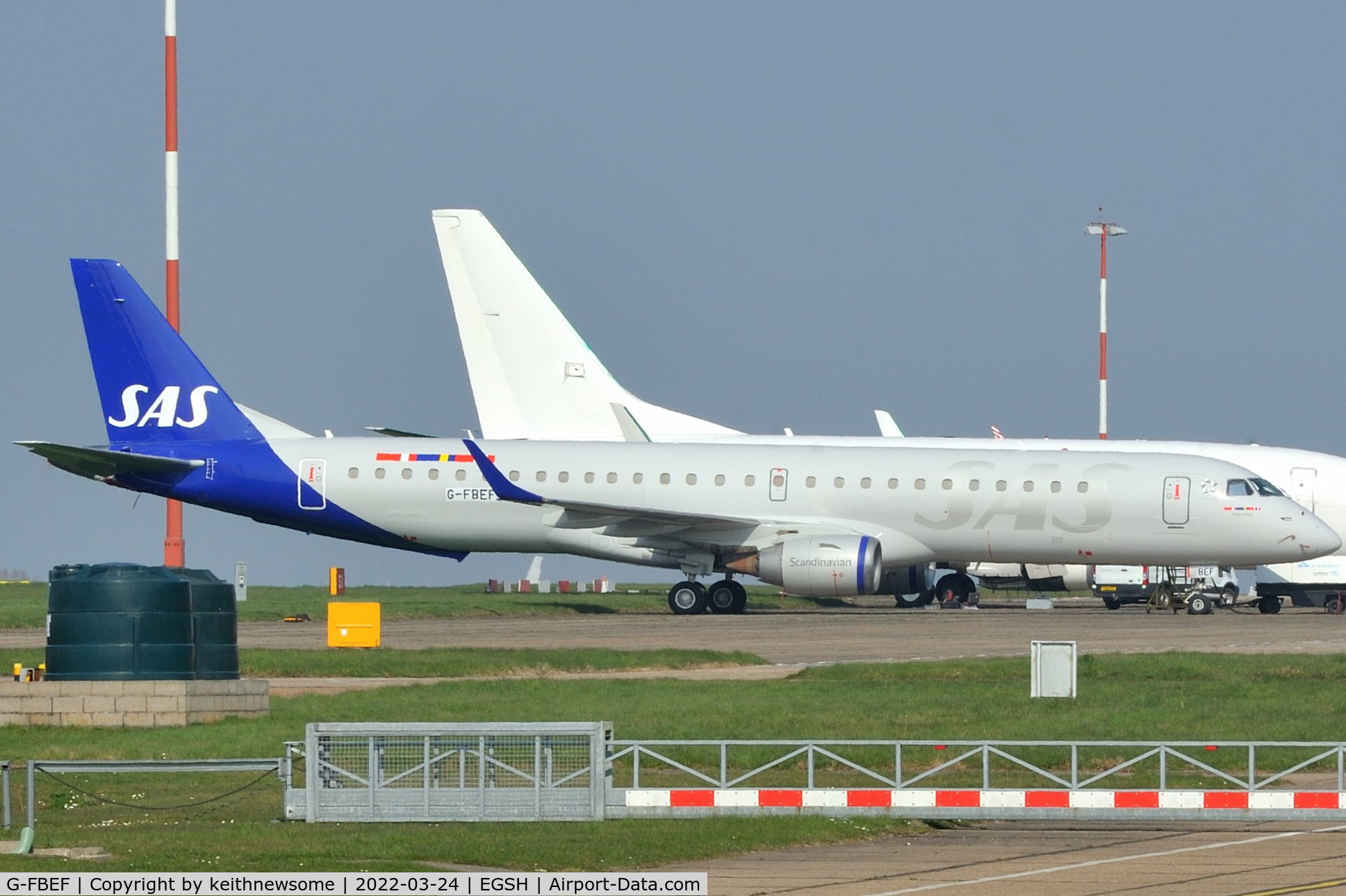 G-FBEF, 2007 Embraer 195LR (ERJ-190-200LR) C/N 19000104, Recently removed from spray shop with SAS colour scheme.