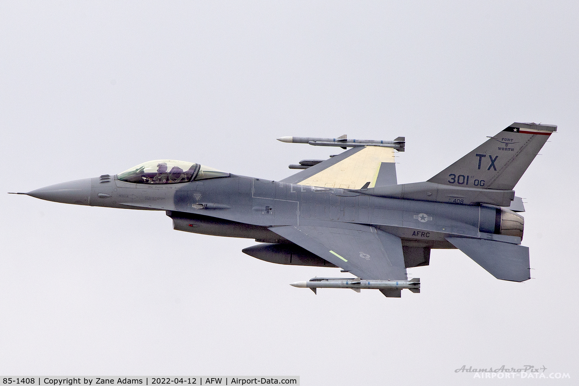 85-1408, 1985 General Dynamics F-16C Fighting Falcon C/N 5C-188, 301ST F-16 departing Alliance Airport, Fort Worth, TX
