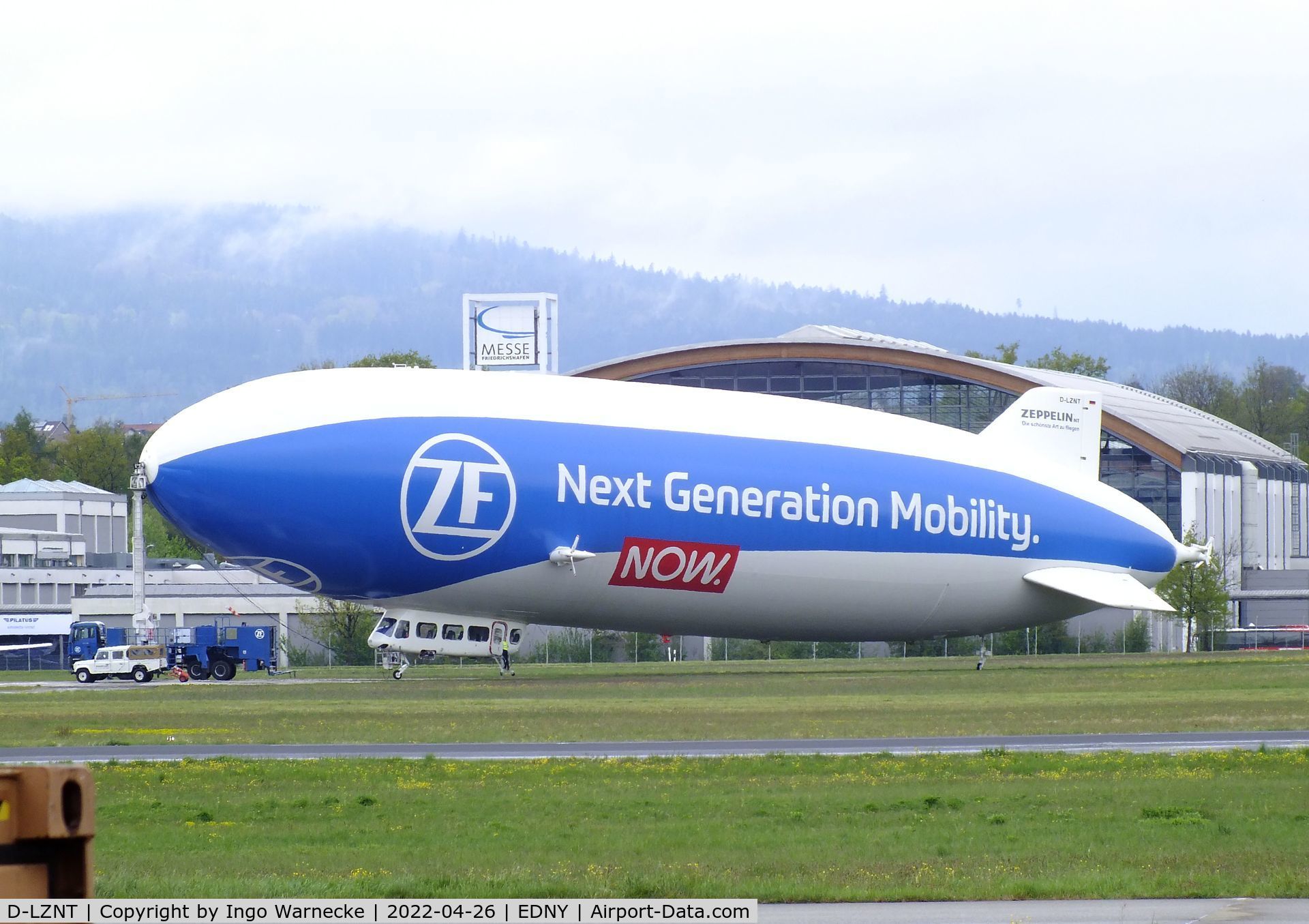 D-LZNT, 2007 Zeppelin LZ N07 C/N 4, Zeppelin NT - Deutsche Zeppelin Reederei moored at Friedrichshafen in front of the trade fairground