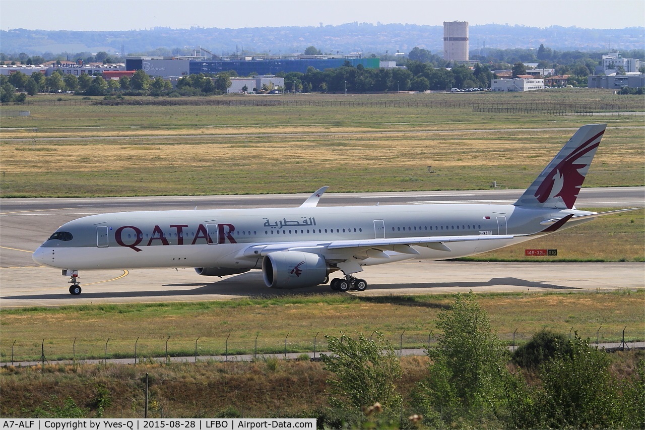 A7-ALF, 2015 Airbus A350-941 C/N 011, Airbus A350-941 with provisional registration, Taxiing to holding point rwy 14R, Toulouse-Blagnac airport (LFBO-TLS)