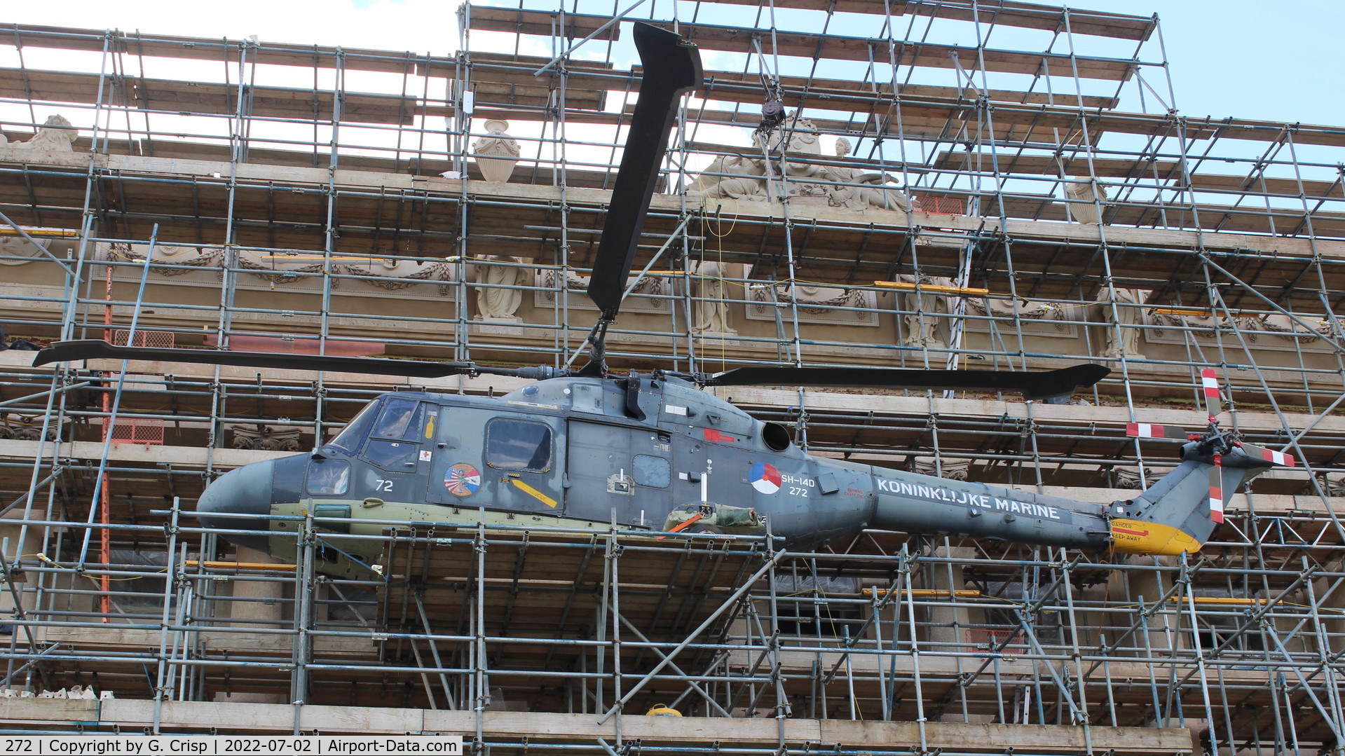 272, Westland SH-14D Lynx C/N 124, Perched on the scaffolding surrounding Heveningham Hall, Suffolk, UK.