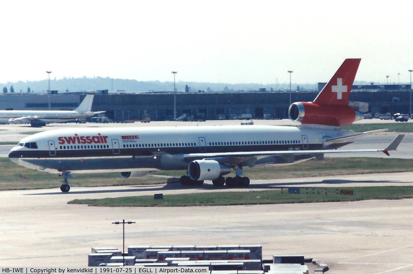HB-IWE, 1991 McDonnell Douglas MD-11F C/N 48447, At London Heathrow, circa 1991.
