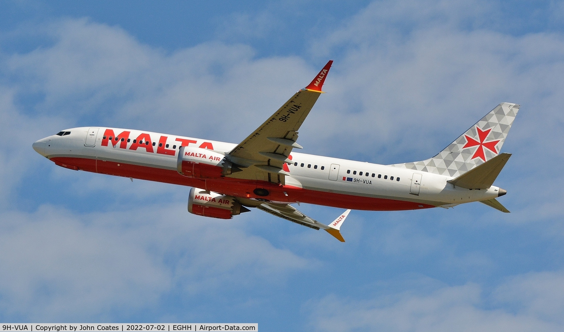 9H-VUA, 2021 Boeing 737-8-200 MAX C/N 65874, Departing after first visit of an aircraft in new Malta Air livery