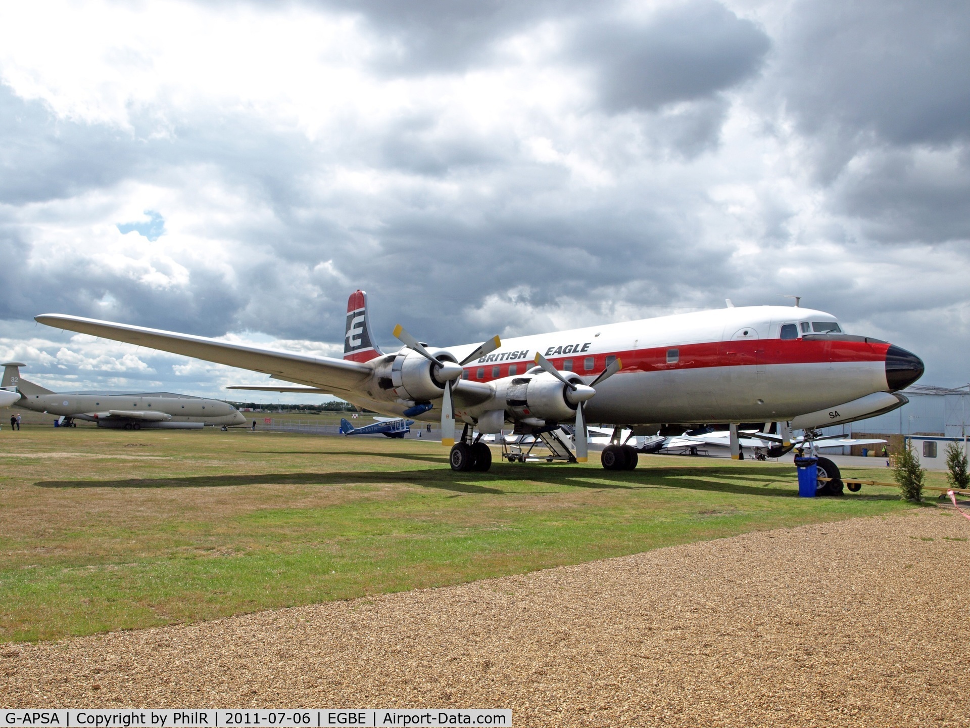 G-APSA, 1958 Douglas DC-6A C/N 45497, 1958 airframe that flew in Canada, the UK, Saudi Arabia and the Yemen. Brought back to the UK in 1987 having stood derelict at Sana'a for some years. Painted back into British Eagle colours in 2008 and grounded in 2012 with wing corrosion.