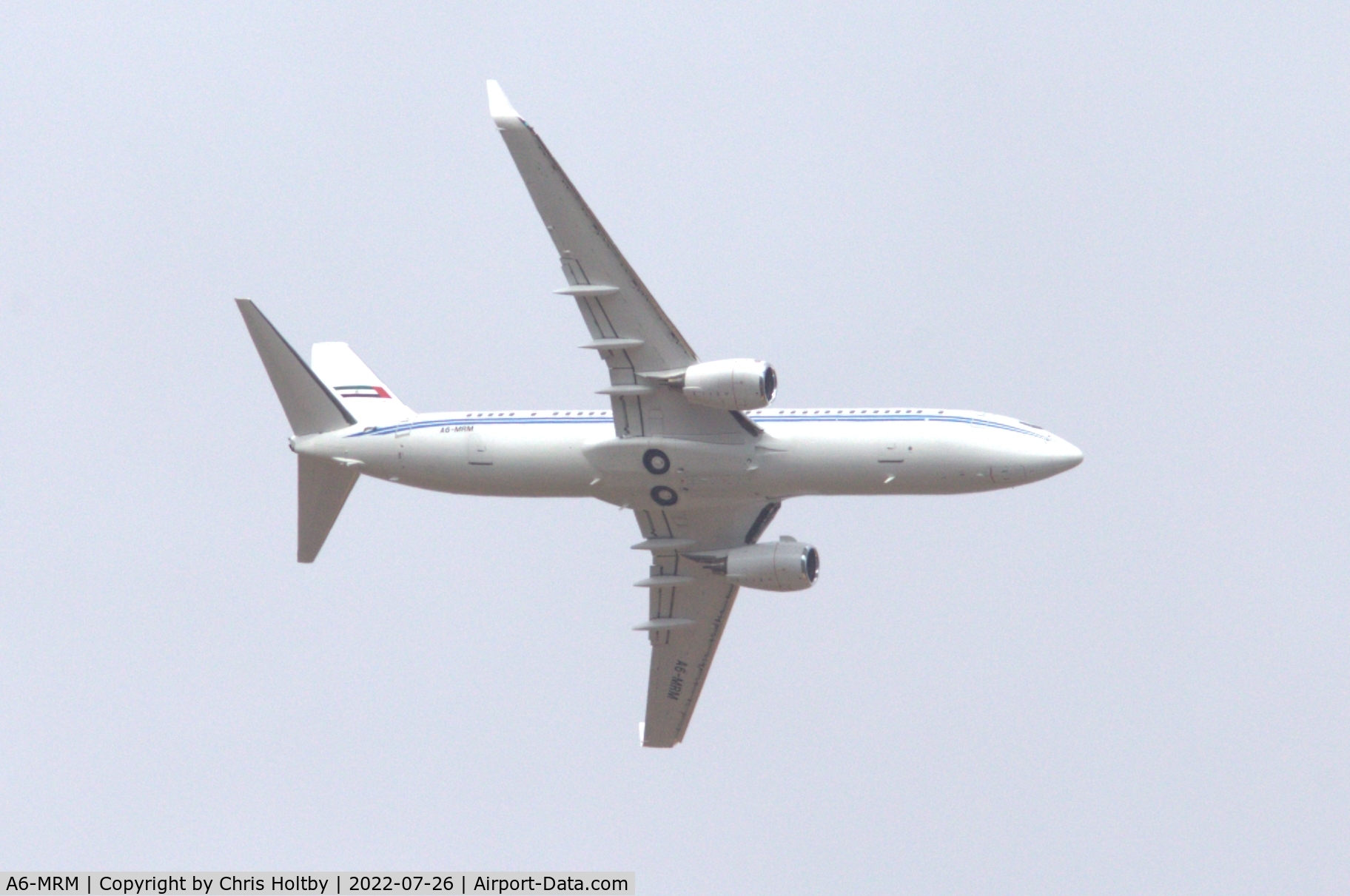 A6-MRM, 2001 Boeing 737-8EC BBJ2 C/N 32450, Over Ware, HErts on approach to Stansted Airport, Essex