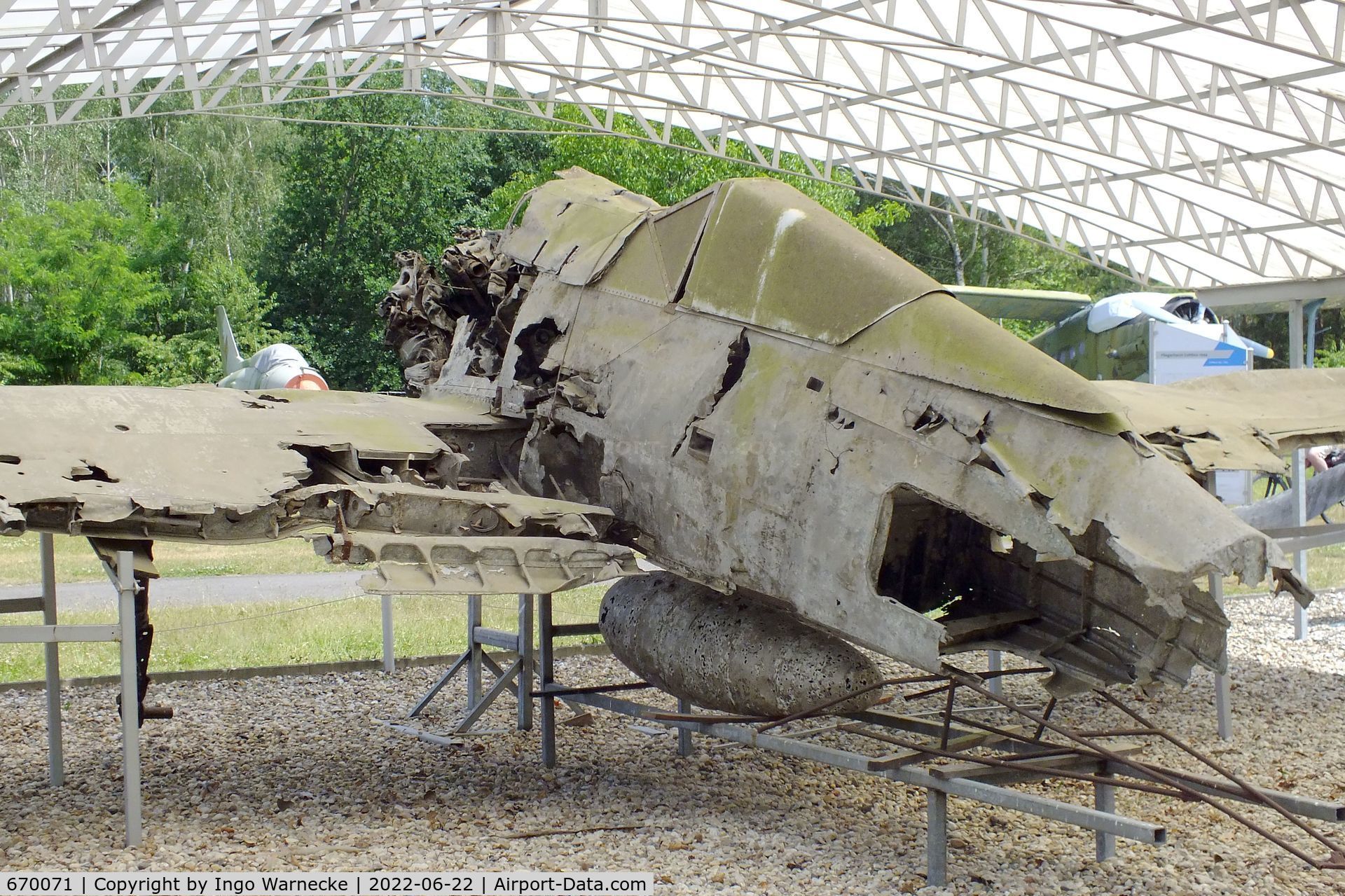 670071, Focke-Wulf Fw-190F-3 C/N Not found 670071, unrestored remains of a Focke-Wulf Fw 190F-3 wreck (forward fuselage and wings) at the Flugplatzmuseum Cottbus (Cottbus airfield museum)