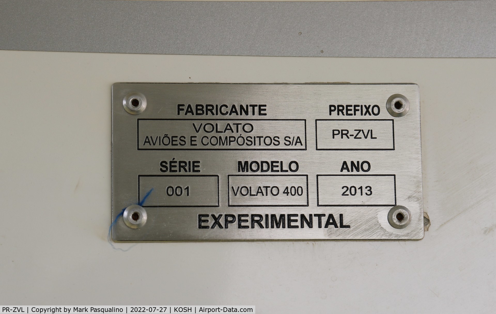 PR-ZVL, 2013 Volato 400 C/N 001, Volato 400 Data Plate