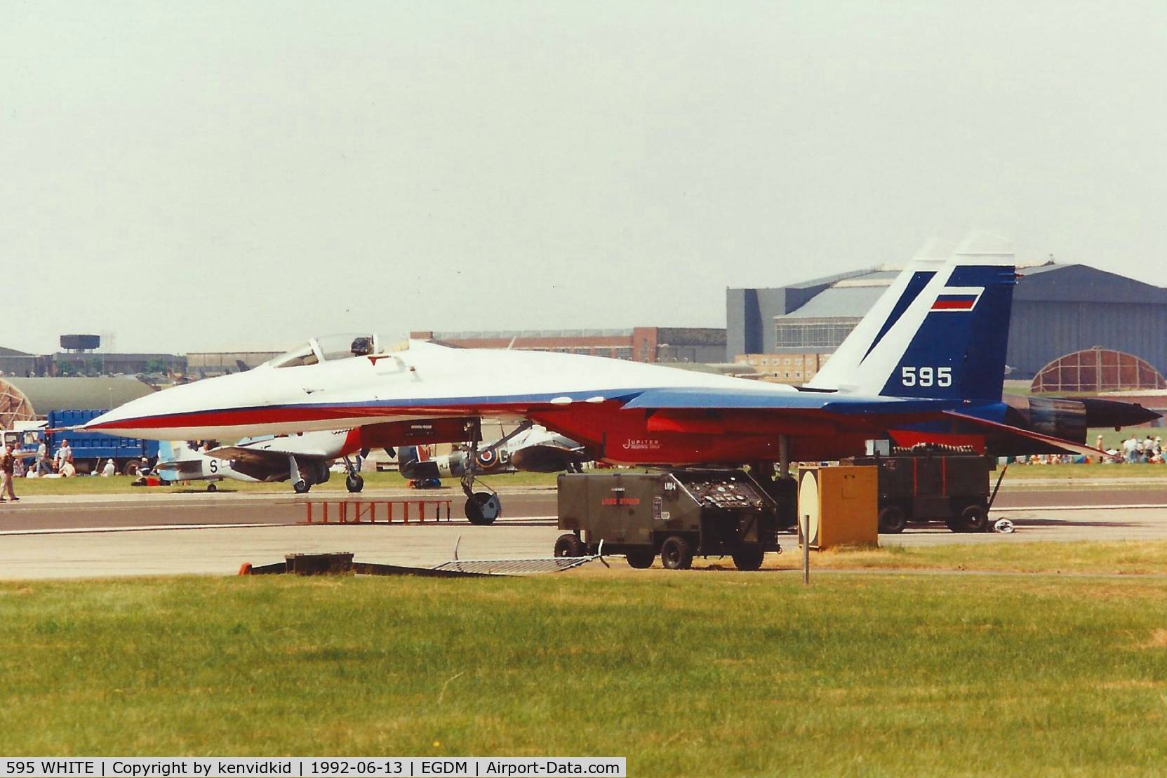 595 WHITE, Sukhoi Su-27P C/N 36911037511, At Boscombe Down, scanned from print.