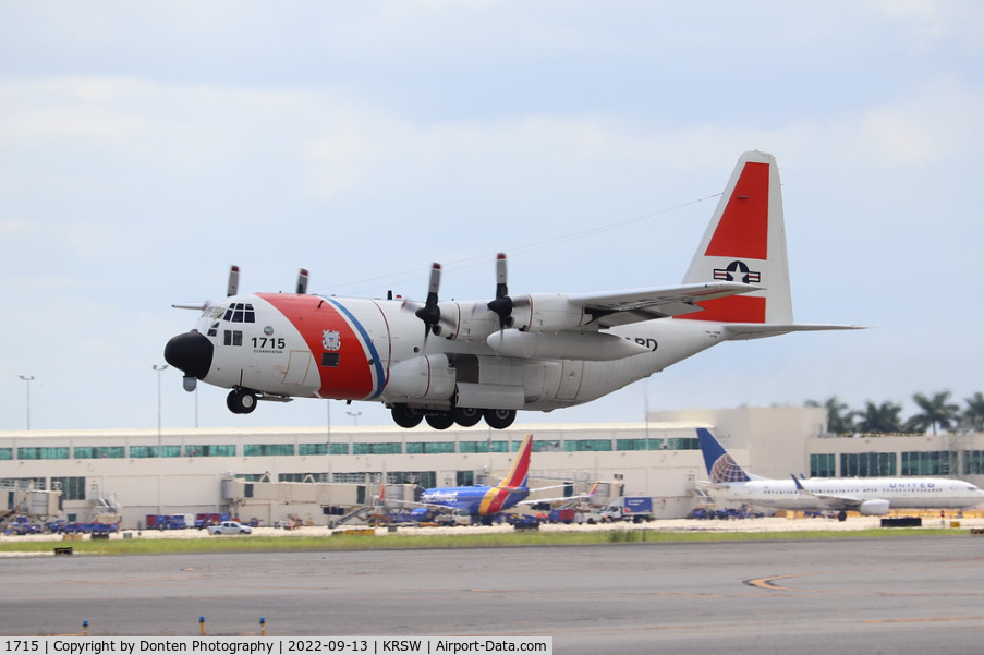 1715, 1985 Lockheed HC-130H Hercules C/N 382-5037, US Coast Guard HC-130 Hercules from Air Station Clearwater conducts a touch and go on Runway 6 at Southwest Florida International Airport