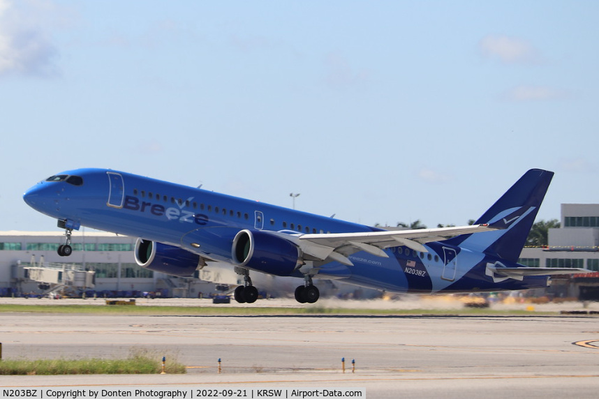 N203BZ, 2021 Airbus A220-300 C/N 55128, Breeze Flight 244 departs Runway 6 at Southwest Florida International Airport enroute to Harry Reid International Airport
