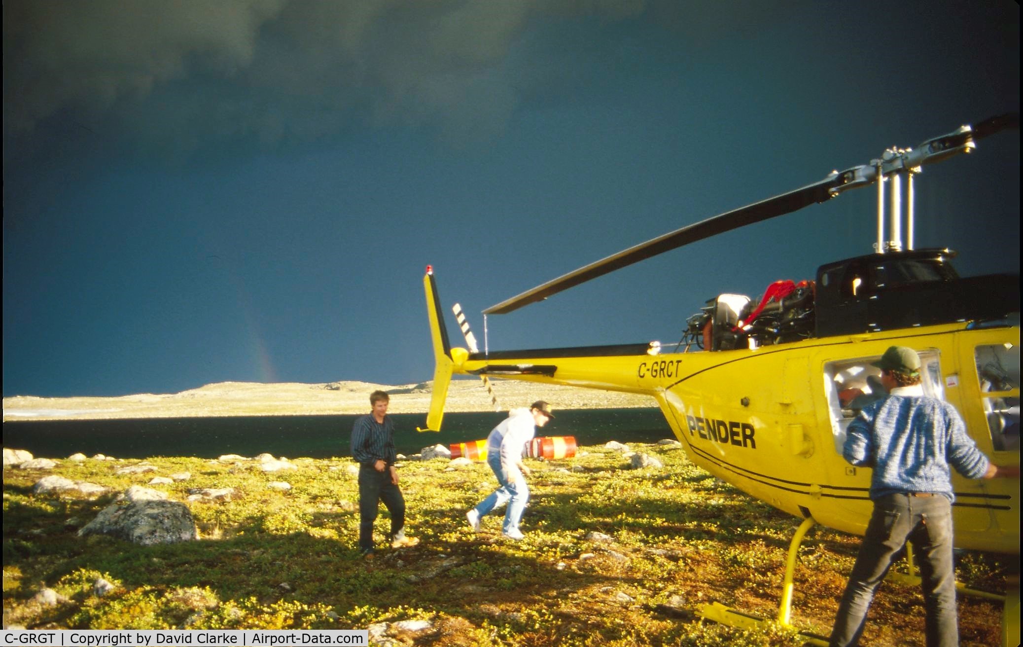 C-GRGT, 1975 Bell 206B C/N 1688, Summer 1988, Canadian Arctic, C-GRGT supporting gold exploration program. Dark skies are from an approaching squall.