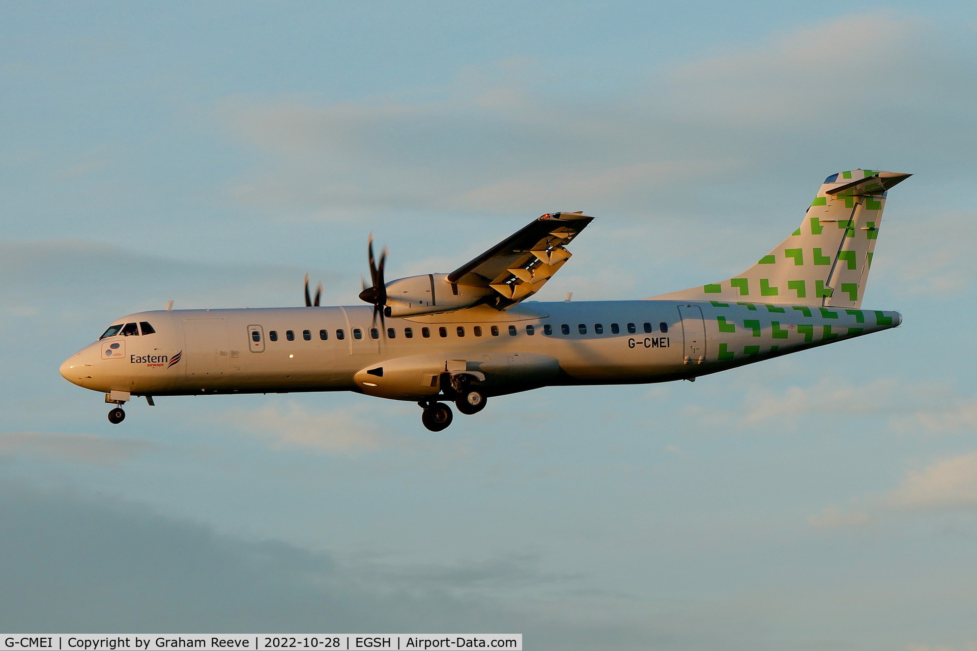 G-CMEI, 2015 ATR 72-212A C/N 1231, Landing just before sunset at Norwich.