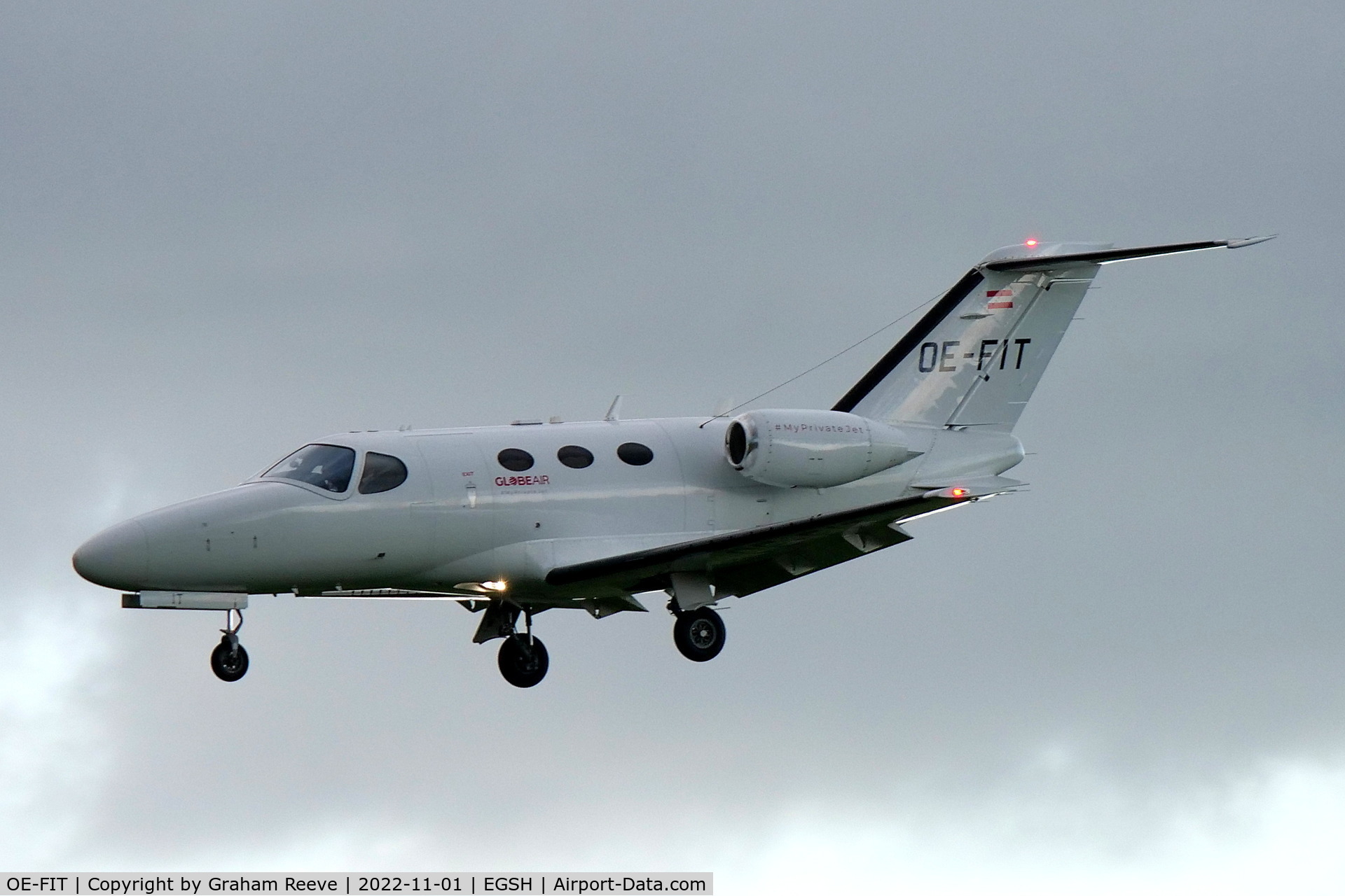 OE-FIT, 2010 Cessna 510 Citation Mustang Citation Mustang C/N 510-0319, Landing at Norwich.