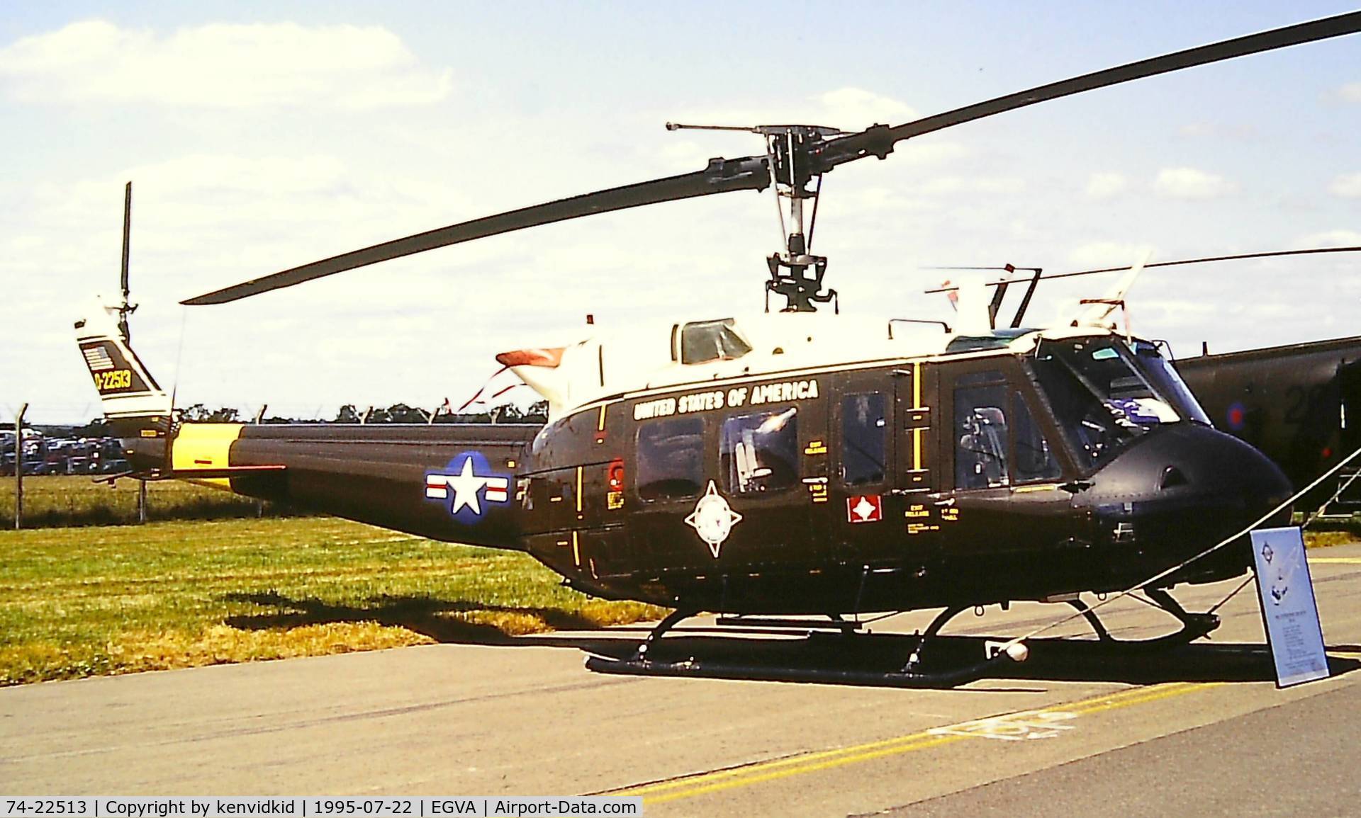 74-22513, 1974 Bell UH-1H Iroquois C/N 13837, At the 1995 Fairford International Air Tattoo, scanned from slide.