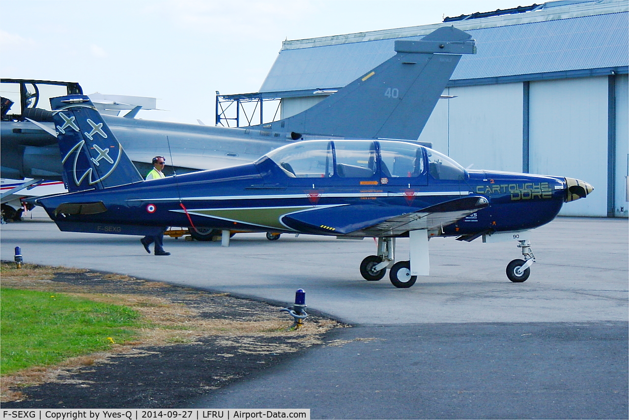 F-SEXG, Socata TB-30 Epsilon C/N 90, Socata TB30 Epsilon Team Cartouche Doré, Parked, Morlaix-Ploujean airport (LFRU-MXN) air show 2014