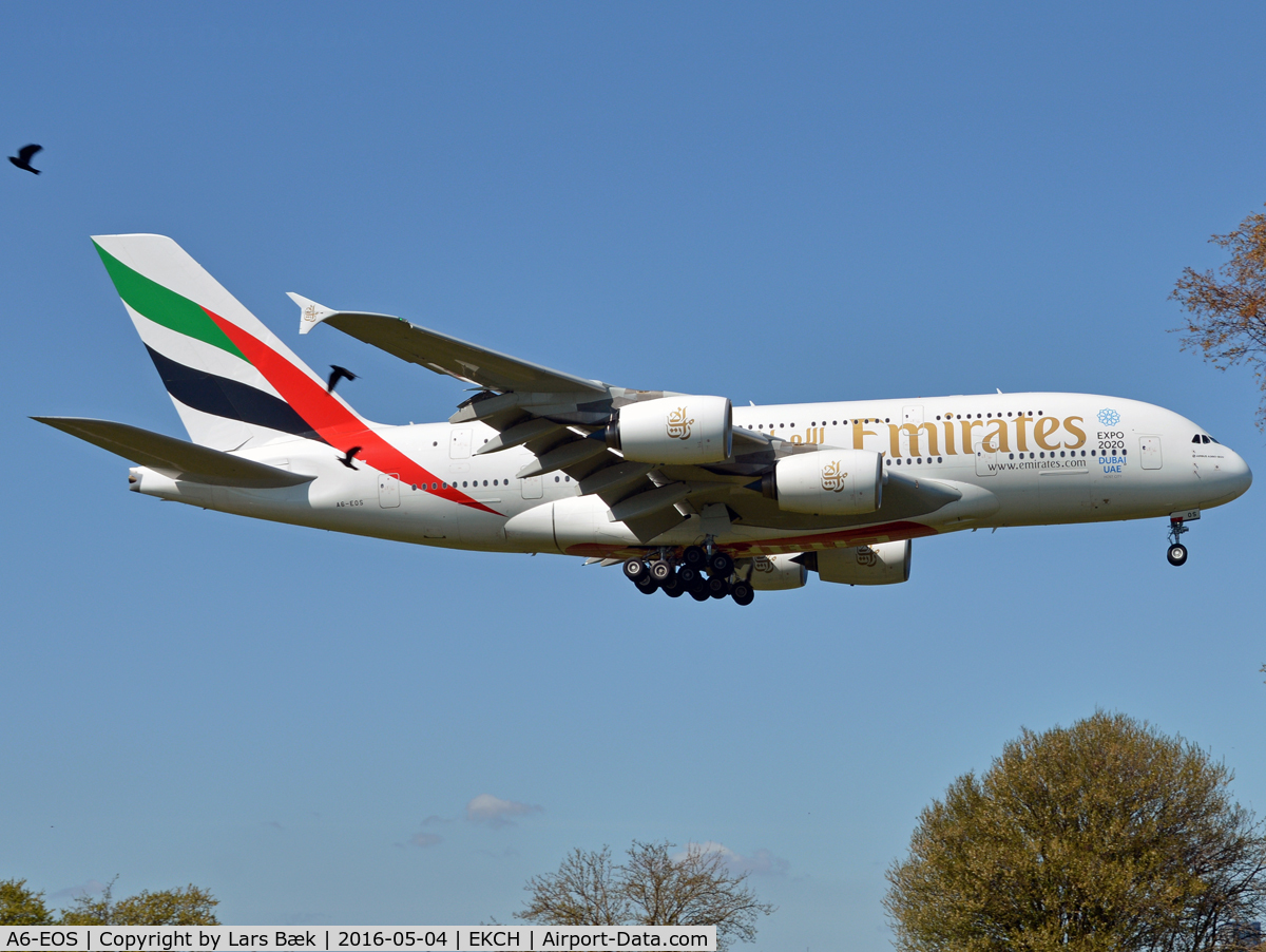 A6-EOS, 2015 Airbus A380-861 C/N 203, RWY04R from St. Magleby