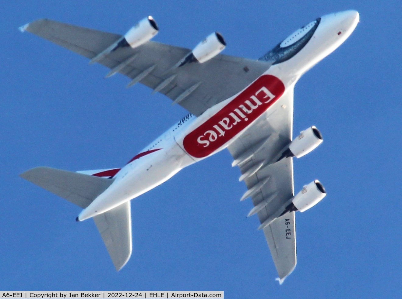 A6-EEJ, 2013 Airbus A380-861 C/N 127, Flying over at 10.000 feet to Amsterdam Schiphol EHAM