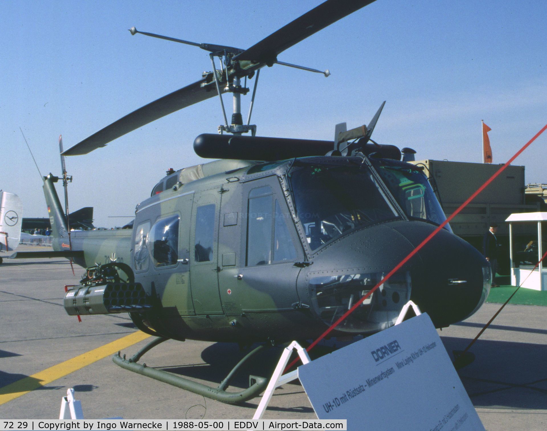72 29, Bell (Dornier) UH-1D Iroquois (205) C/N 8349, Bell (Dornier) UH-1D Iroquois of Heeresflieger (German Army) with Dornier mine-laying pod at the Internationale Luftfahrtausstellung ILA, Hannover 1988